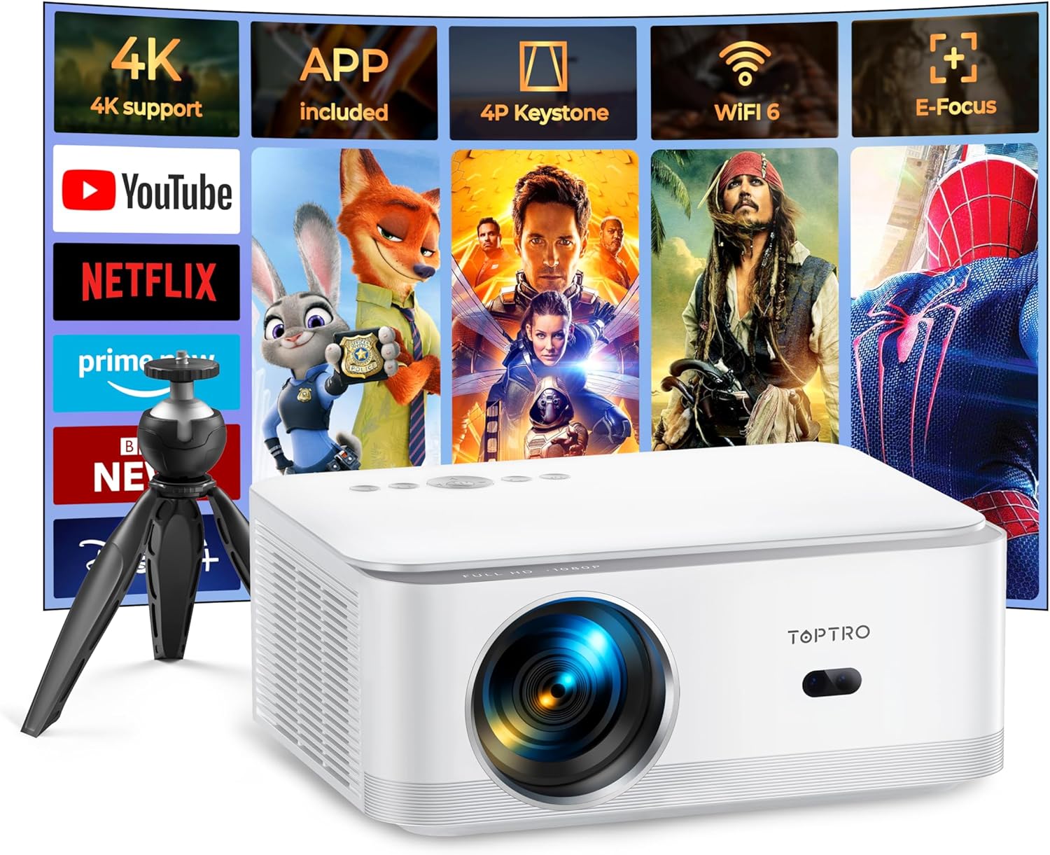 【Android TV】4K Projector, Built in Netflix/YouTube Projector, Full HD 1080P Projector with Electric Focus, TOPTRO 25000Lumen 300" Display WiFi 6 Bluetooth Portable Projector for Home Cinema, Party - Amazing Gadgets Outlet