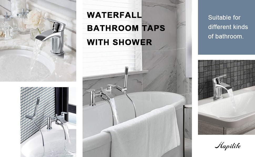 [Basin Tap + Bath Shower Tap] Hapilife Bathroom Set Waterfall Chrome Sink Mixer Tap and Bath Filler Tub Mixer Tap with Shower Head   Import  Single ASIN  Import  Multiple ASIN ×Product customization General Description Gallery Review - Amazing Gadgets Outlet