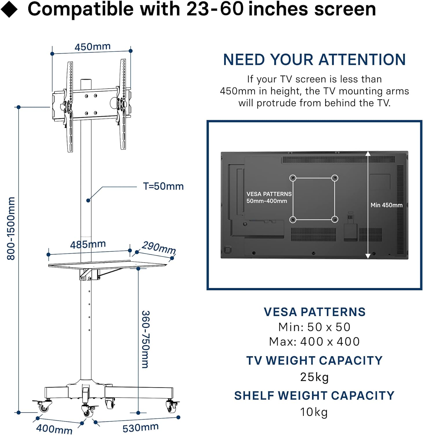 BONTEC Mobile TV Stand on Wheels for 23 - 60 inch Plasma/LCD/LED TVs, Portable TV Stand with Tray, Height adjustable Home Display Rolling TV Cart Trolly, Max. VESA 400x400mm   Import  Single ASIN  Import  Multiple ASIN ×Product customization - Amazing Gadgets Outlet