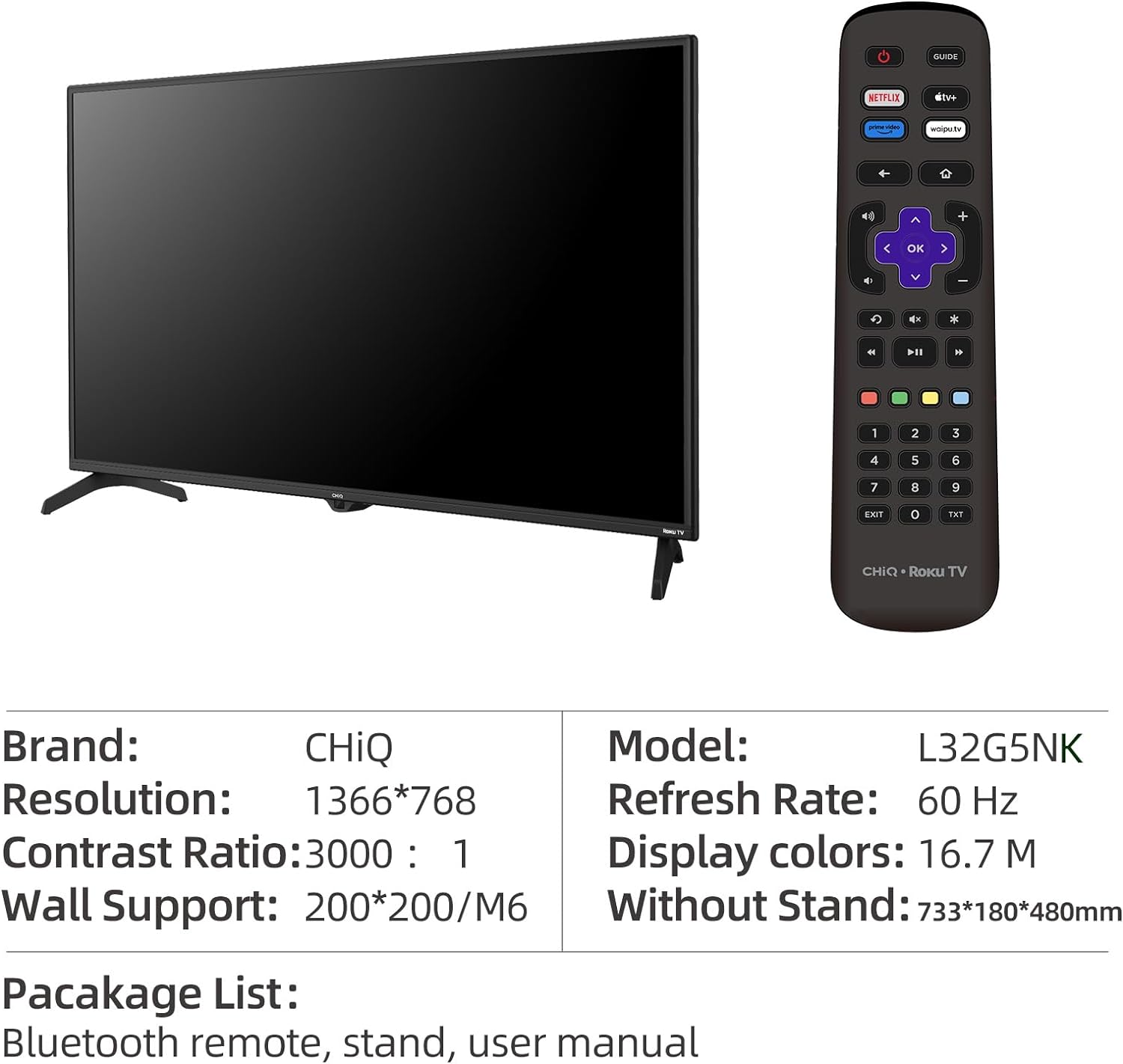 CHiQ ROKU TV L32G5NK, 32 Inch TV Smart, Roku TV, Small Tvs for Bedroom, Dolby Audio, Mobile Control, Voice Assistant, BBC, Disney+, 2.4&5G WiFi, USB 2.0, 2023 New   Import  Single ASIN  Import  Multiple ASIN ×Product customization General - Amazing Gadgets Outlet