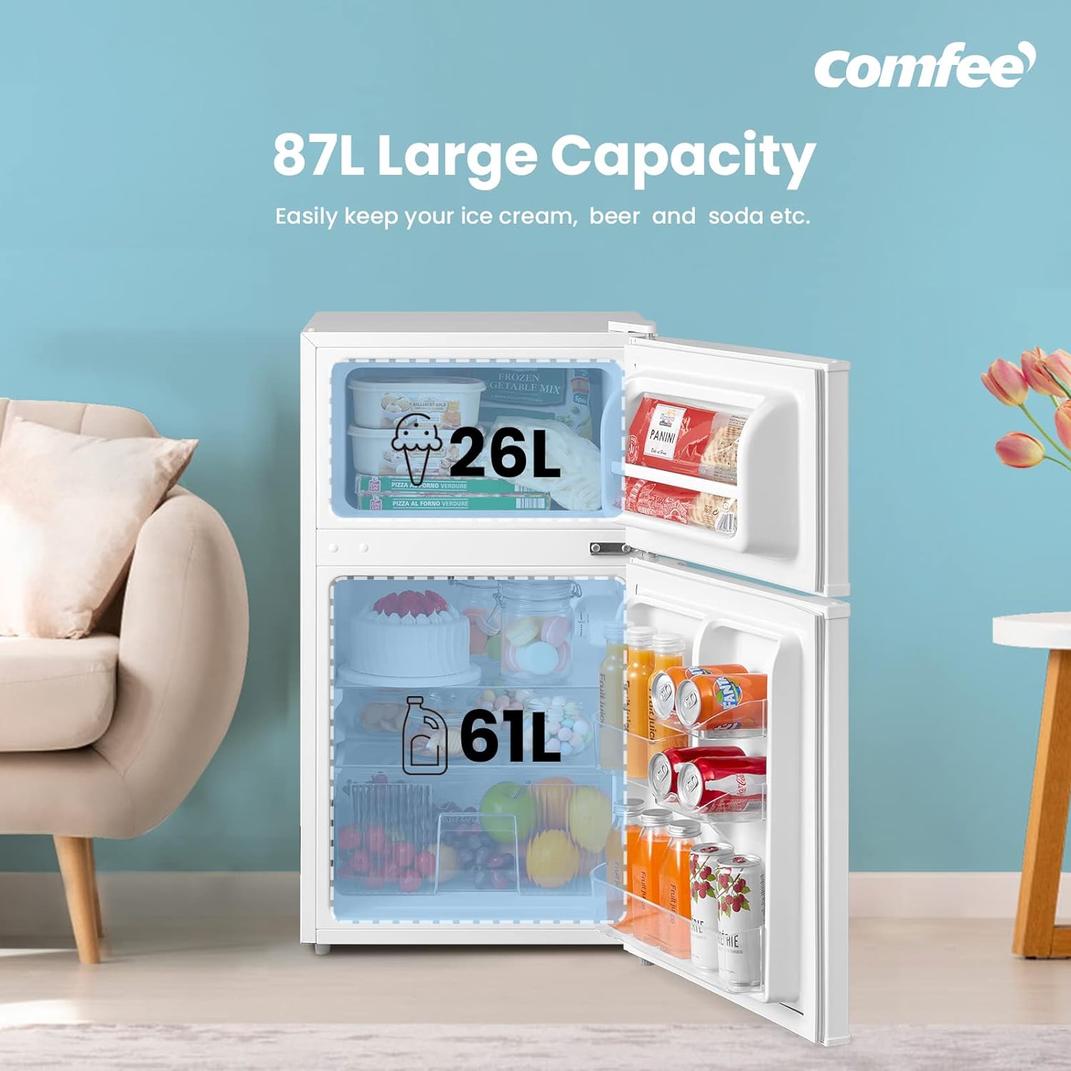 COMFEE' RCT87WH2(E) Under Counter Fridge Freezer, 87L Small Fridge Freezer with Light, Removable Shelves, Adjustable Thermostats, Reversible Doors,White   Import  Single ASIN  Import  Multiple ASIN ×Product customization General Descript - Amazing Gadgets Outlet