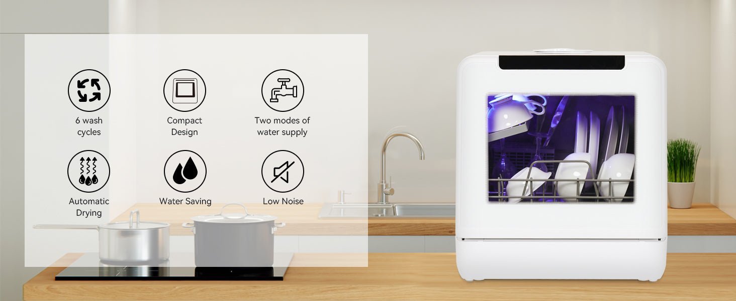 eklipt Mini Table Top Dishwasher Portable Countertop Dishwasher with 6+4 Programs, Built - in 5L Water Tank Dual Water Supply Modes with Touch Control, LED Display, Drying Cycle & Fruit Wash (WHITE) - Amazing Gadgets Outlet