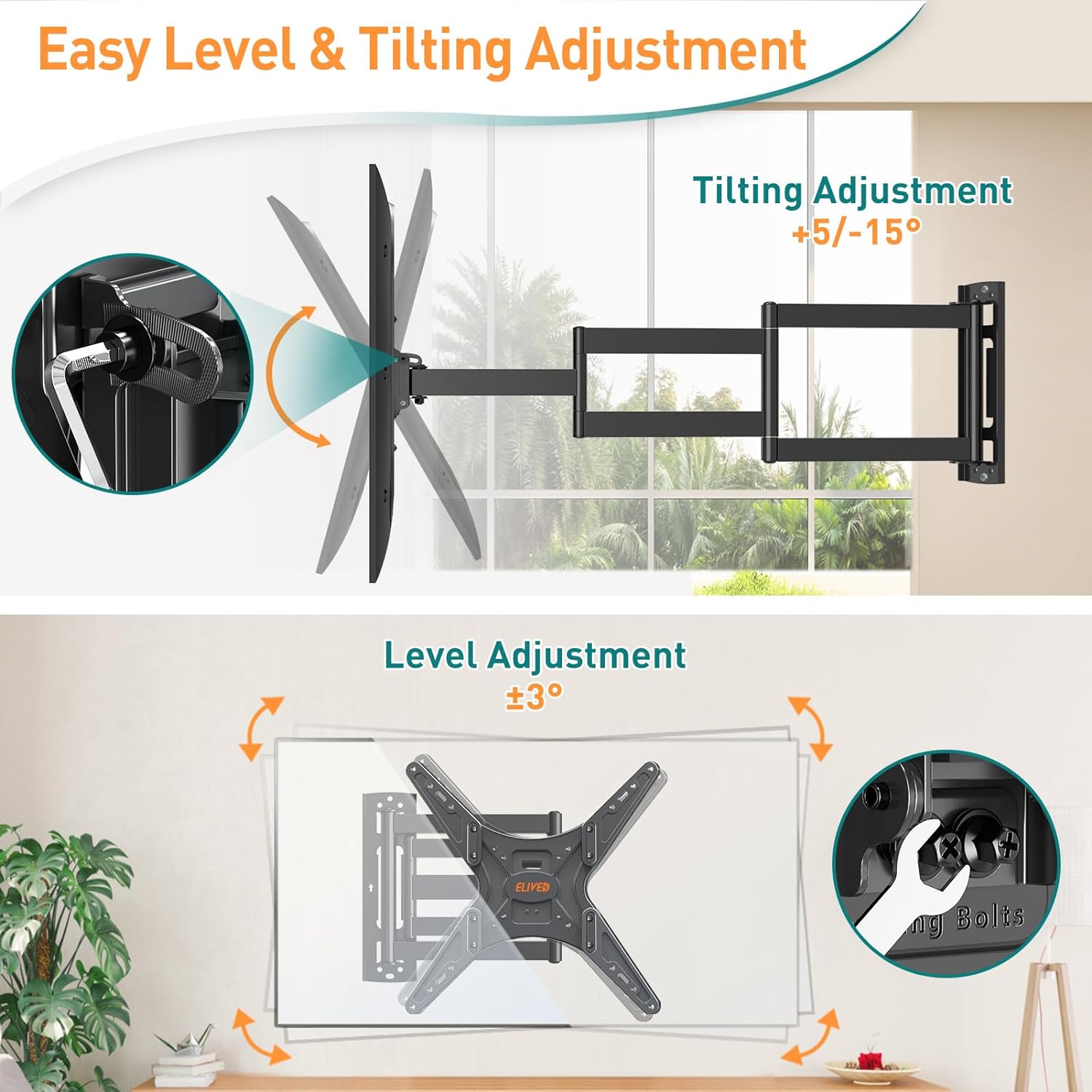 ELIVED Long Arm TV Wall Bracket, Corner TV Mount for Most 26 - 60inch TVs with 749mm Extension Arm, Full Motion Wall Mount for TVs with Max.VESA 400x400mm up to 35KG, Swivel and Tilt TV Bracket EV3017   Import  Single ASIN  Import  Multiple ASIN ×P - Amazing Gadgets Outlet