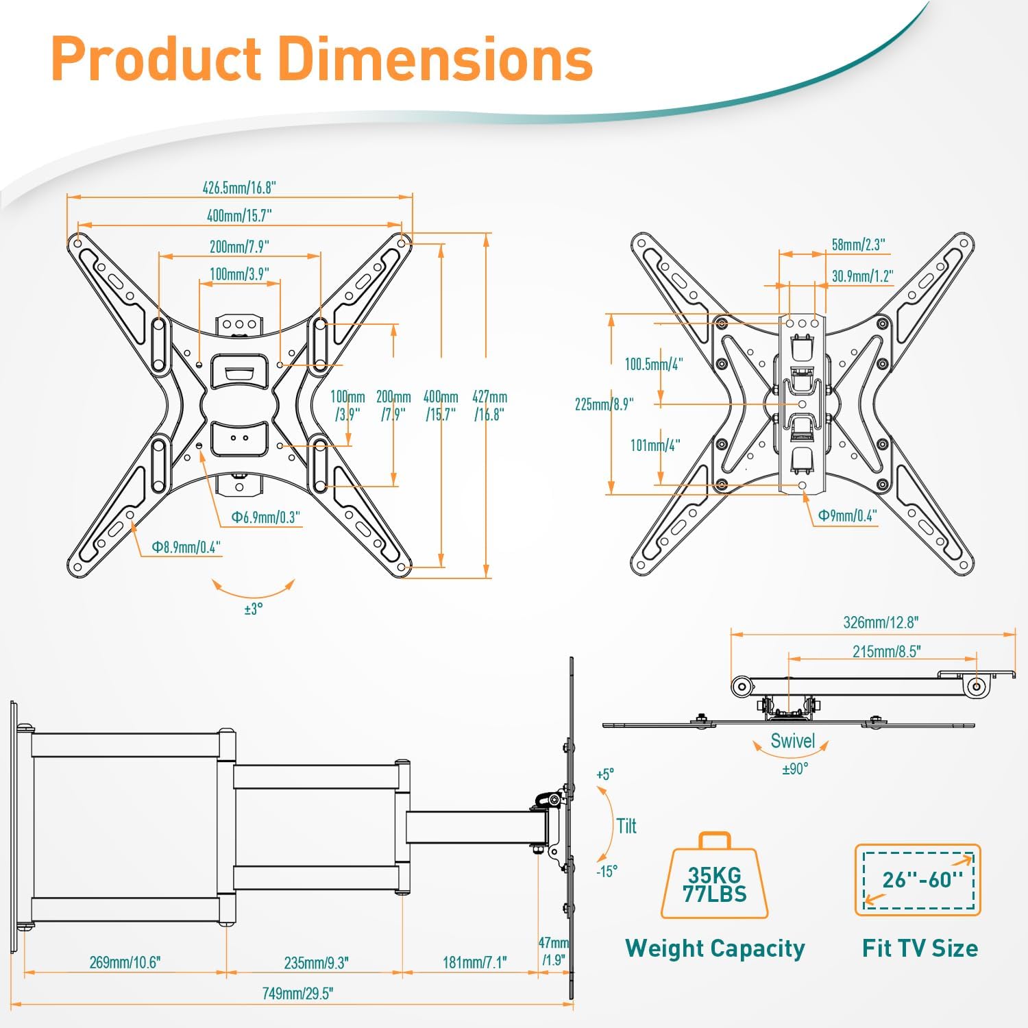 ELIVED Long Arm TV Wall Bracket, Corner TV Mount for Most 26 - 60inch TVs with 749mm Extension Arm, Full Motion Wall Mount for TVs with Max.VESA 400x400mm up to 35KG, Swivel and Tilt TV Bracket EV3017   Import  Single ASIN  Import  Multiple ASIN ×P - Amazing Gadgets Outlet