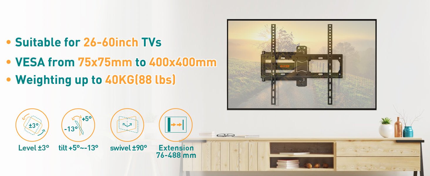 ELIVED Tilt and Swivel TV Bracket for Most 26 - 60 Inch LCD, LED, OLED Flat or Curved TVs with Max. VESA 400x400mm up to 40KG, Corner TV Wall Bracket EV011   Import  Single ASIN  Import  Multiple ASIN ×Product customization General Descrip - Amazing Gadgets Outlet