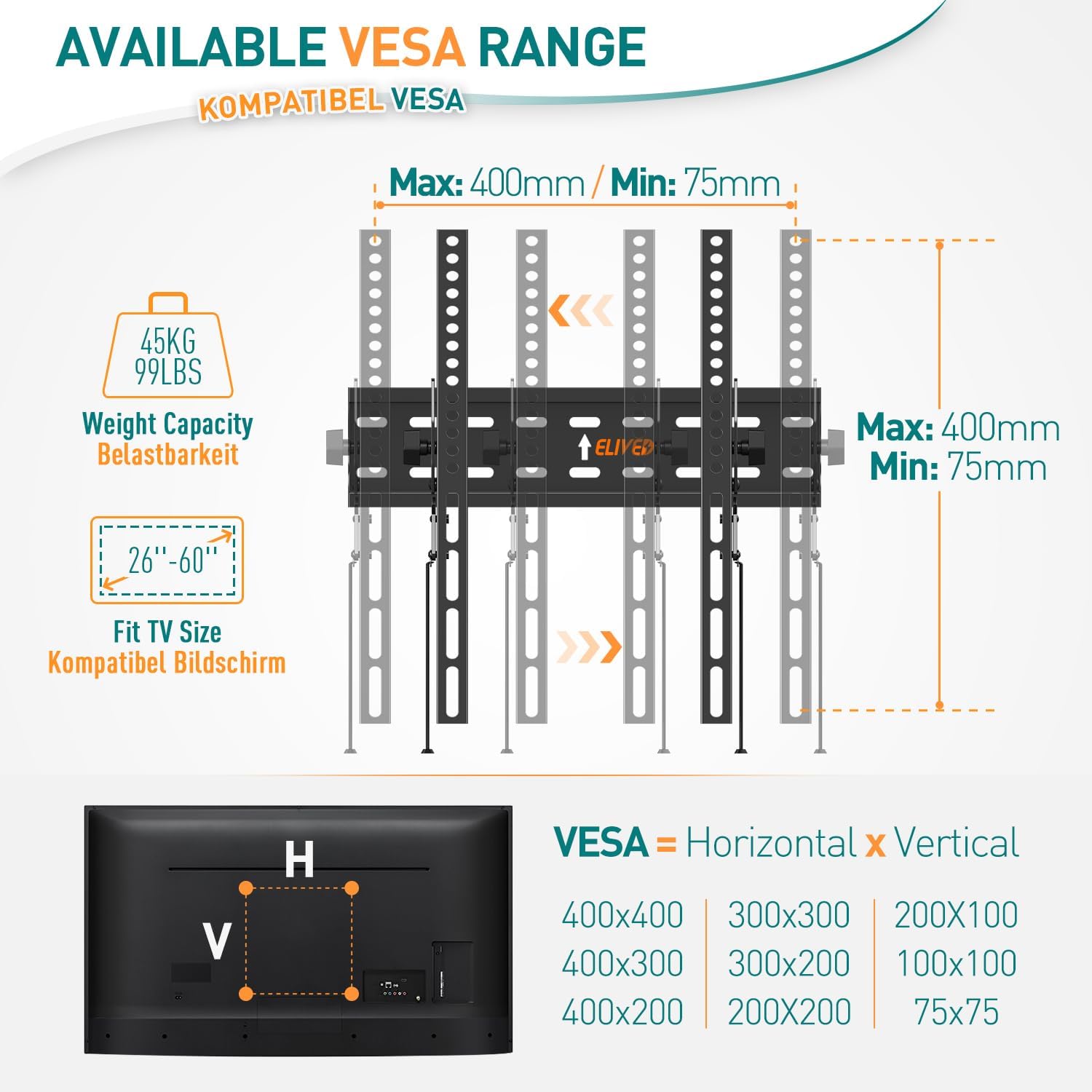 ELIVED Tilt TV Wall Bracket, Ultra Slim TV Mount for Most of 26 - 60 inch Flat or Curved LCD, LED, OLED TVs with VESA 75x75mm - 400x400mm up to 45KG, Tool - free Adjustable Tilting TV Bracket EV007   Import  Single ASIN  Import  Multiple ASIN ×Product - Amazing Gadgets Outlet