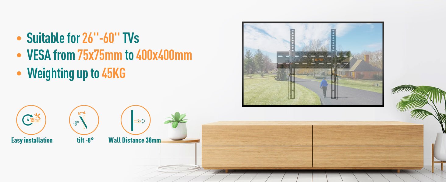 ELIVED Tilt TV Wall Bracket, Ultra Slim TV Mount for Most of 26 - 60 inch Flat or Curved LCD, LED, OLED TVs with VESA 75x75mm - 400x400mm up to 45KG, Tool - free Adjustable Tilting TV Bracket EV007   Import  Single ASIN  Import  Multiple ASIN ×Product - Amazing Gadgets Outlet