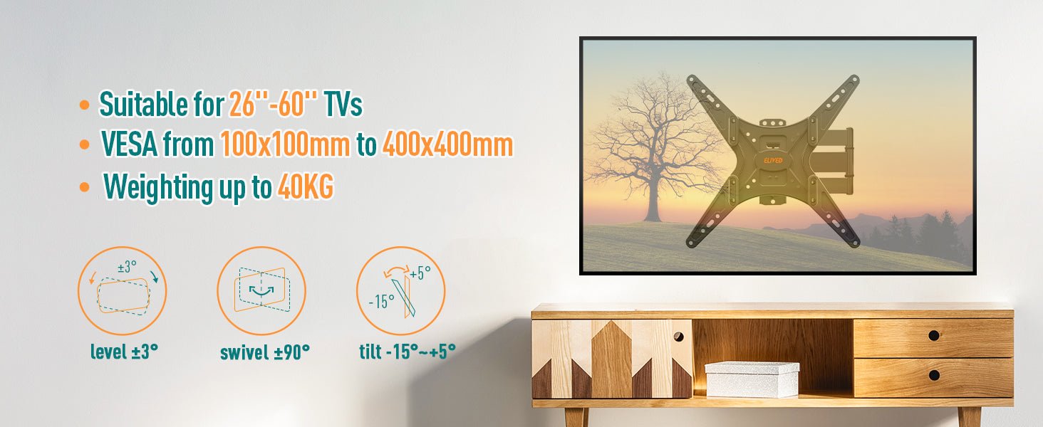 ELIVED TV Wall Bracket for Most 26 - 60 inch TVs, Tilt and Swivel Wall Mount for Flat or Curved TVs with VESA 100x100 - 400x400mm up to 40KG, Full Motion Corner TV Bracket with Articulating Arm EV009   Import  Single ASIN  Import  Multiple ASIN ×Prod - Amazing Gadgets Outlet