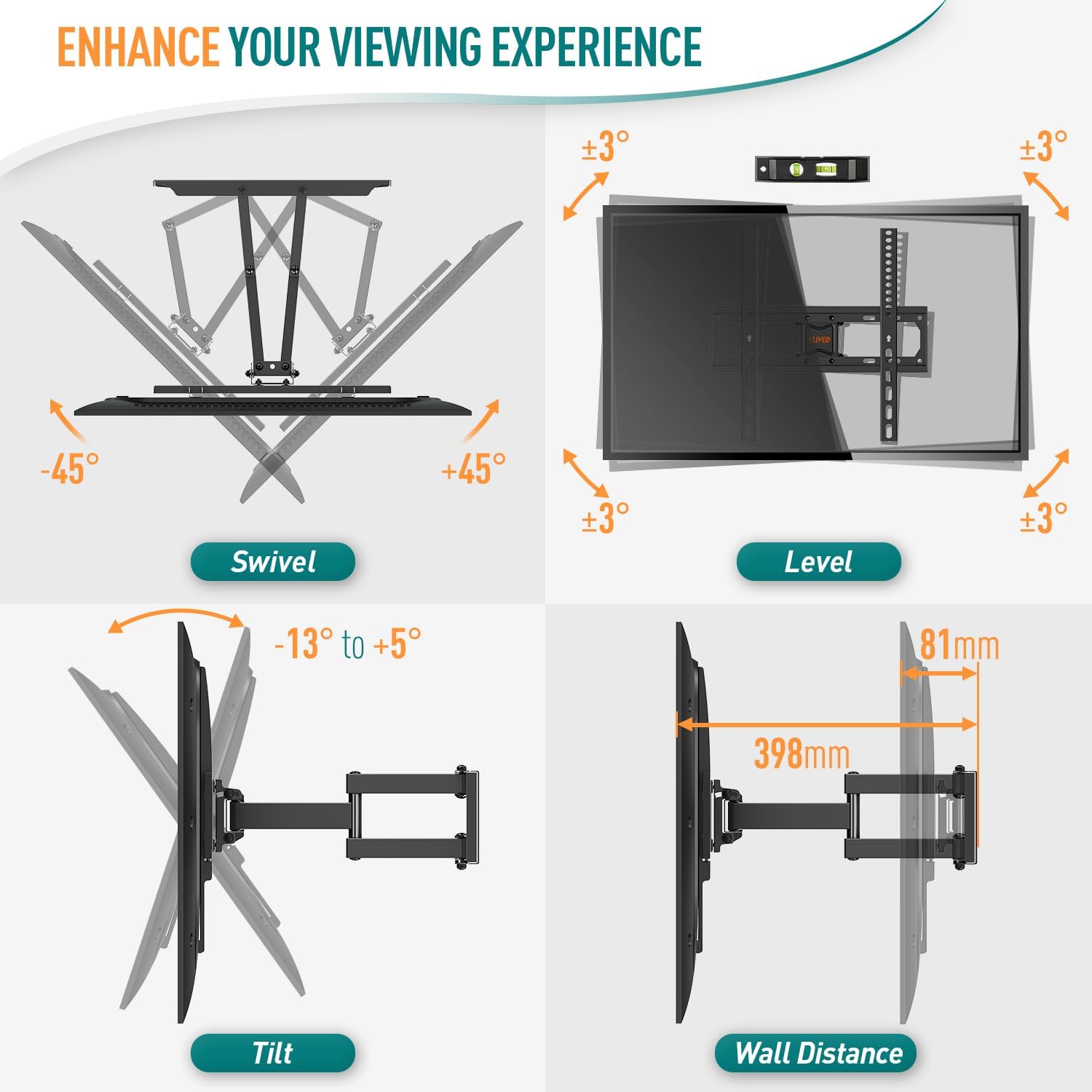 ELIVED TV Wall Bracket Tilt and Swivel TV Mount for Most 26" - 65" LCD, LED, OLED Flat/Curved TVs with Max. VESA 400x400mm up to 40KG, Full Motion TV Bracket with Strong Double Arms, EV010   Import  Single ASIN  Import  Multiple ASIN ×Product custo - Amazing Gadgets Outlet