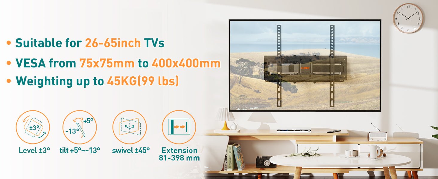 ELIVED TV Wall Bracket Tilt and Swivel TV Mount for Most 26" - 65" LCD, LED, OLED Flat/Curved TVs with Max. VESA 400x400mm up to 40KG, Full Motion TV Bracket with Strong Double Arms, EV010   Import  Single ASIN  Import  Multiple ASIN ×Product custo - Amazing Gadgets Outlet