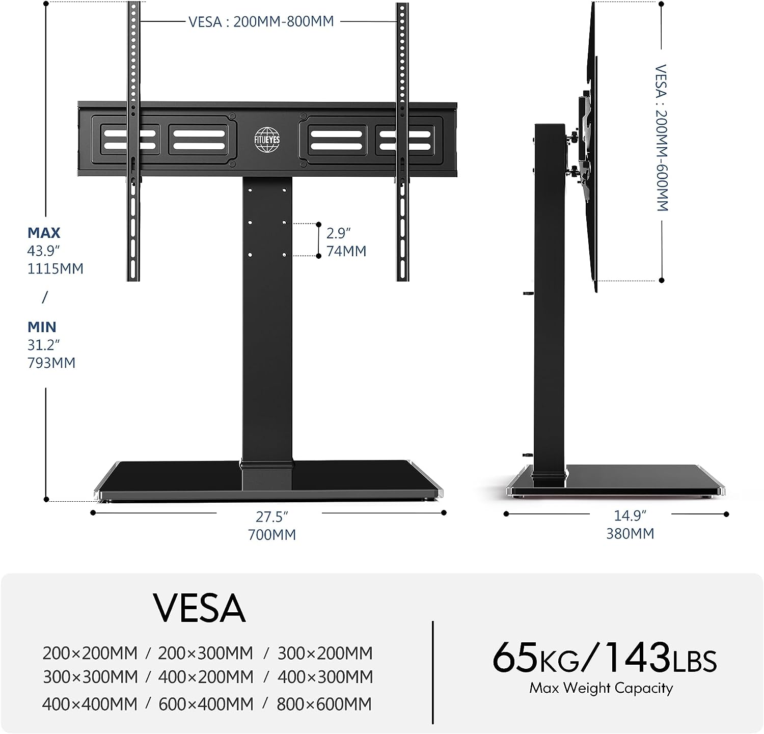 FITUEYES 50 - 85 inch Tabletop TV Stand, Stable TV Pedestal Stand with Height Adjustment, 80° Swivel & Tempered Glass Base, Holds 65kgs, Max VESA 800X600 mm   Import  Single ASIN  Import  Multiple ASIN ×Product customization General Descri - Amazing Gadgets Outlet