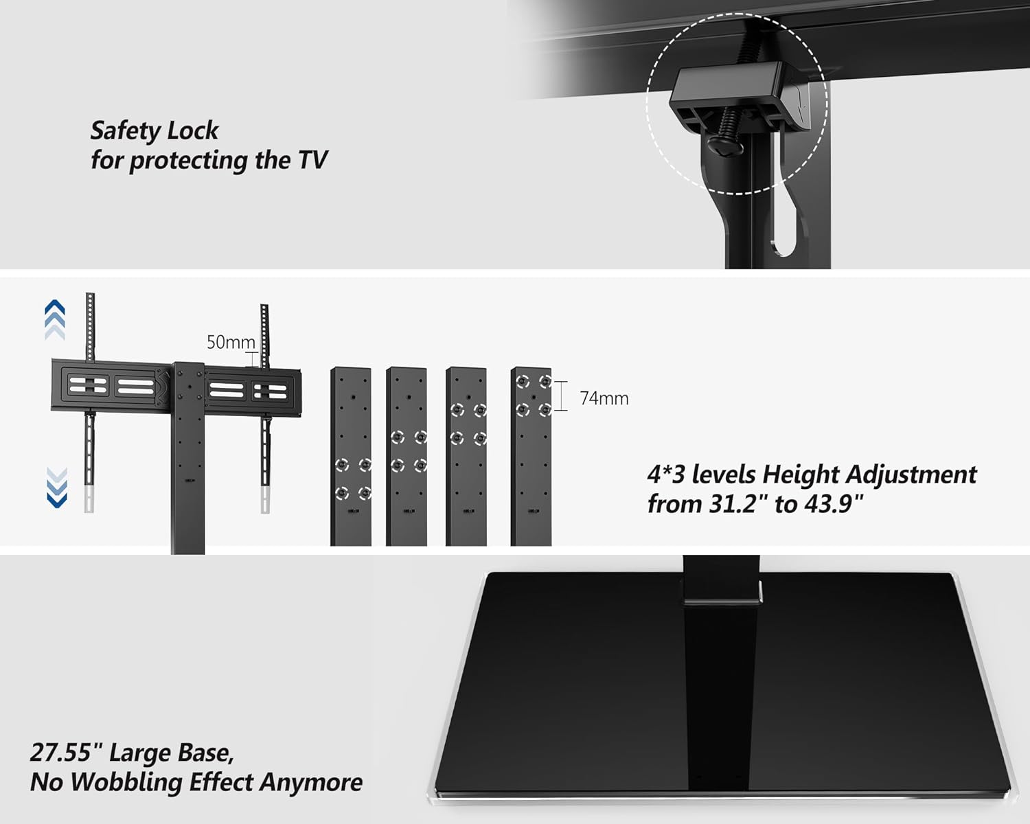 FITUEYES 50 - 85 inch Tabletop TV Stand, Stable TV Pedestal Stand with Height Adjustment, 80° Swivel & Tempered Glass Base, Holds 65kgs, Max VESA 800X600 mm   Import  Single ASIN  Import  Multiple ASIN ×Product customization General Descri - Amazing Gadgets Outlet