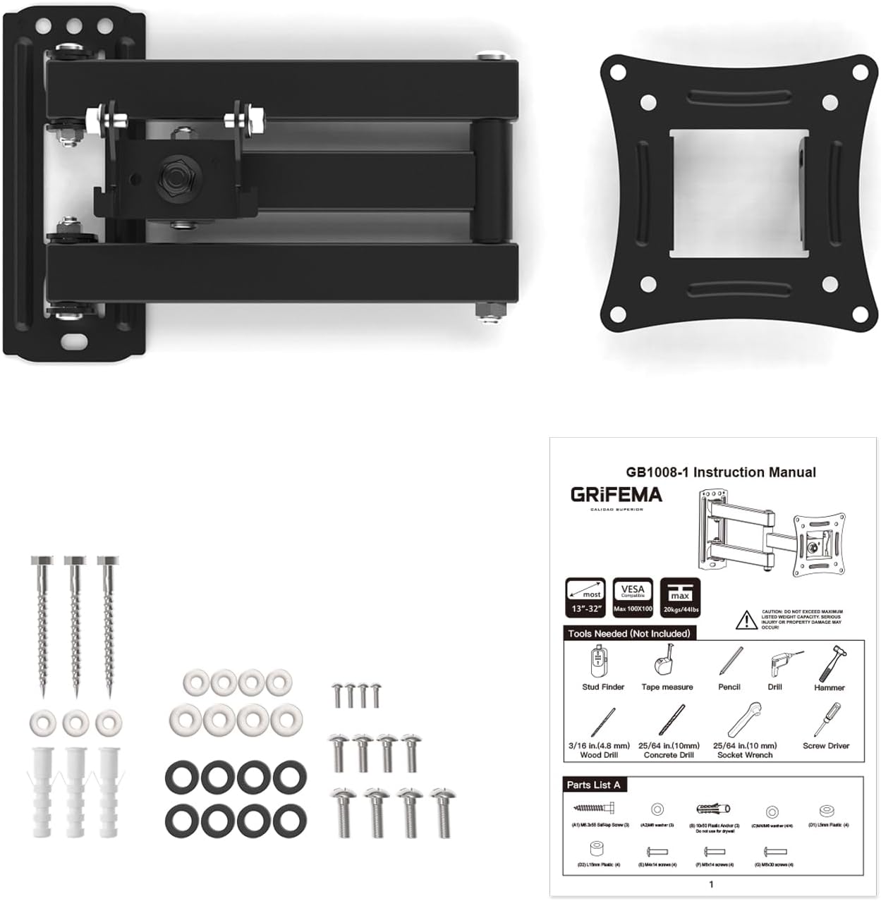 GRIFEMA GB1008 - 1 TV Wall Bracket for 13 - 32 inch TVs, TV Wall Mount for Flat & Curved TV, VESA 75x75MM to 100X100mm, up to 20KG, Tilt (+ 8°， - 12°)   Import  Single ASIN  Import  Multiple ASIN ×Product customization General Description Ga - Amazing Gadgets Outlet