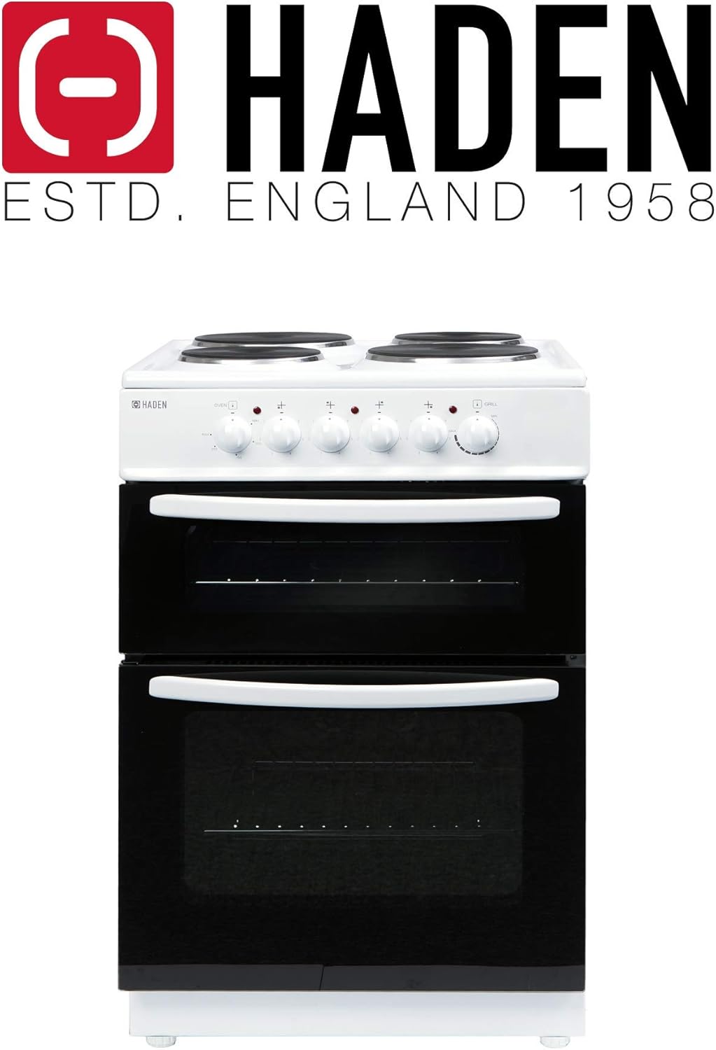 Haden Electric Cooker 60cm Freestanding – 4 Solid Plate Rings - Double Oven Electric Cooker - Conventional Oven - 1000W Variable Grill - Easy To Clean Interior - Amazing Gadgets Outlet