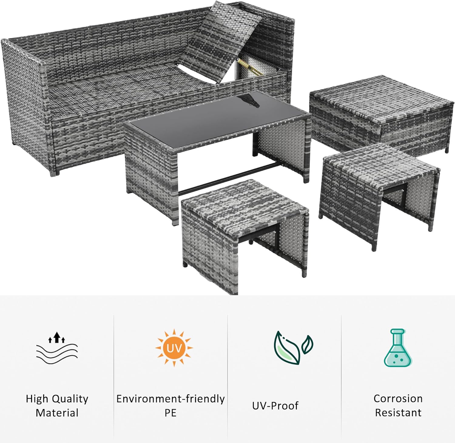 HESHU 6 Seater Rattan Garden Furniture Sofa & Coffee Table Set Outdoor Patio Furniture Wicker Weave Chair Space - saving Compact - Gray   Import  Single ASIN  Import  Multiple ASIN ×Product customization General Description Gallery Rev - Amazing Gadgets Outlet