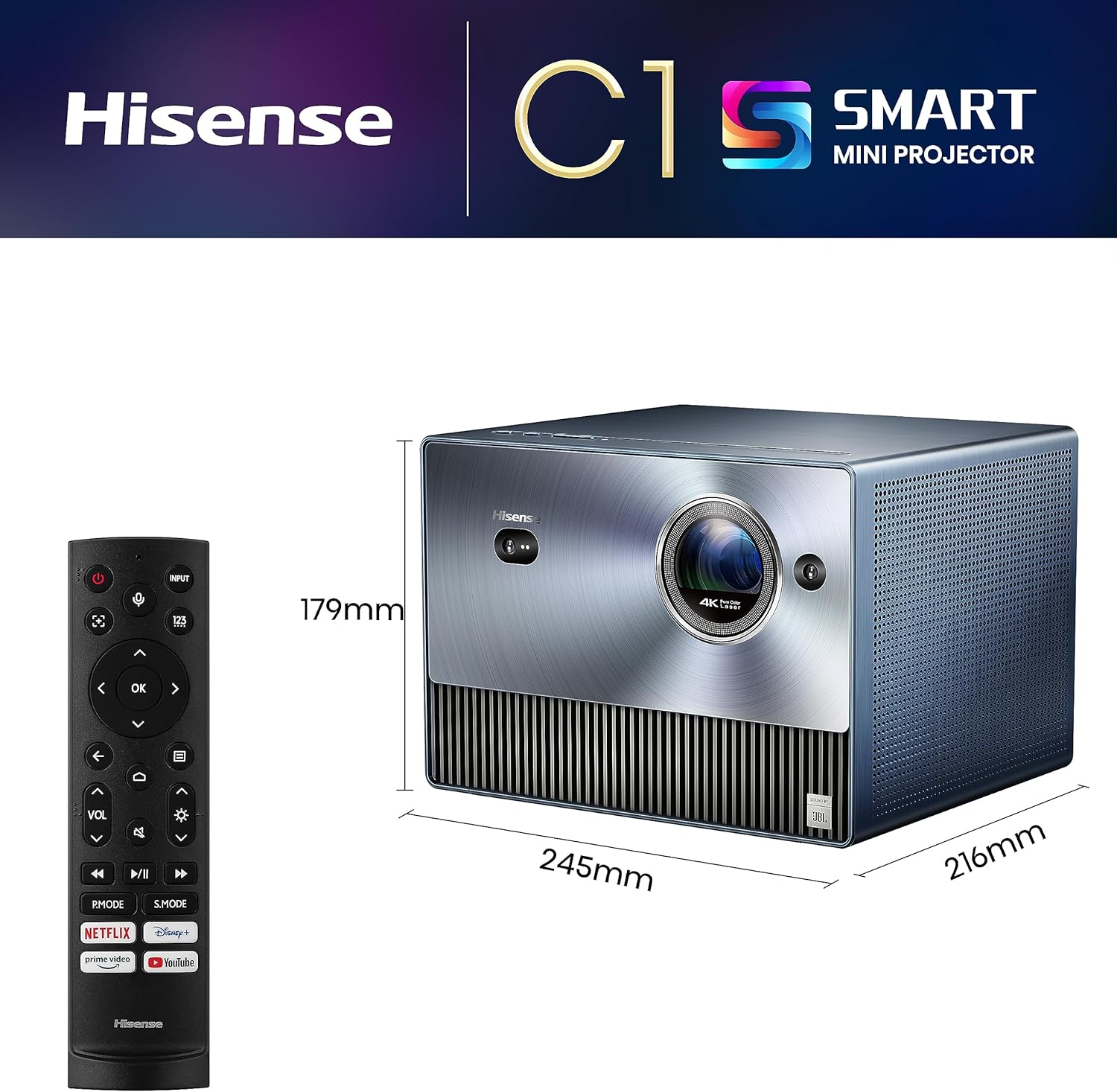 Hisense 4K Trichroma Mini Laser Projector C1TUK 65 - 300'' Proejection Size, Triple Colour, Dolby Vision&Atmos, JBL Audio and VIDAA Smart OS, and Netflix, YouTube, Prime Video   Import  Single ASIN  Import  Multiple ASIN ×Product customization - Amazing Gadgets Outlet