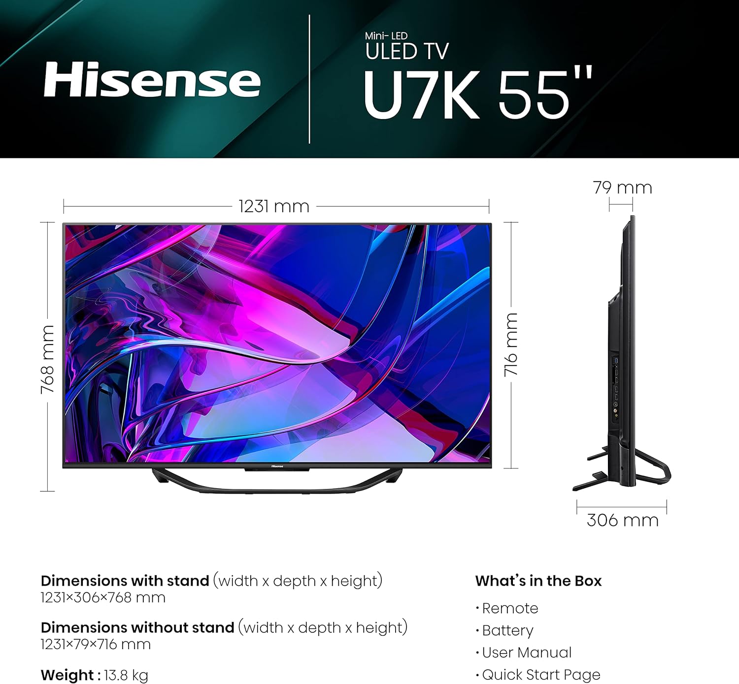 Hisense 55 Inch ULED Mini - LED Smart TV 55U7KQTUK - 144Hz VRR, HDMI 2.1, Quantum Dot Colour, Dolby Vision IQ, VIDAA, and Youtube, Freeview Play, Netflix and Disney+ (2023 New Model), Black   Import  Single ASIN  Import  Multiple ASIN ×Product cust - Amazing Gadgets Outlet