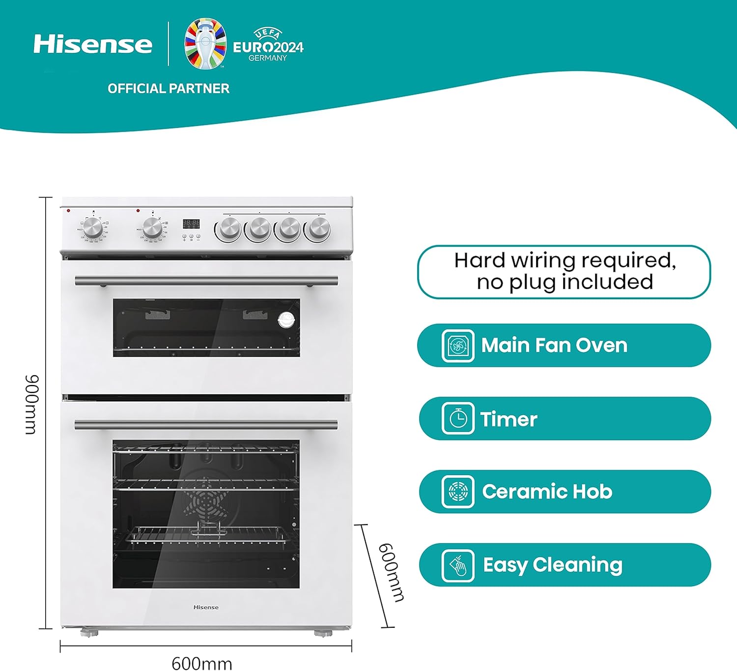 Hisense HDE3211BWUK 60cm Electric Cooker with Ceramic Hob - White A Rated Double Oven - White - Amazing Gadgets Outlet