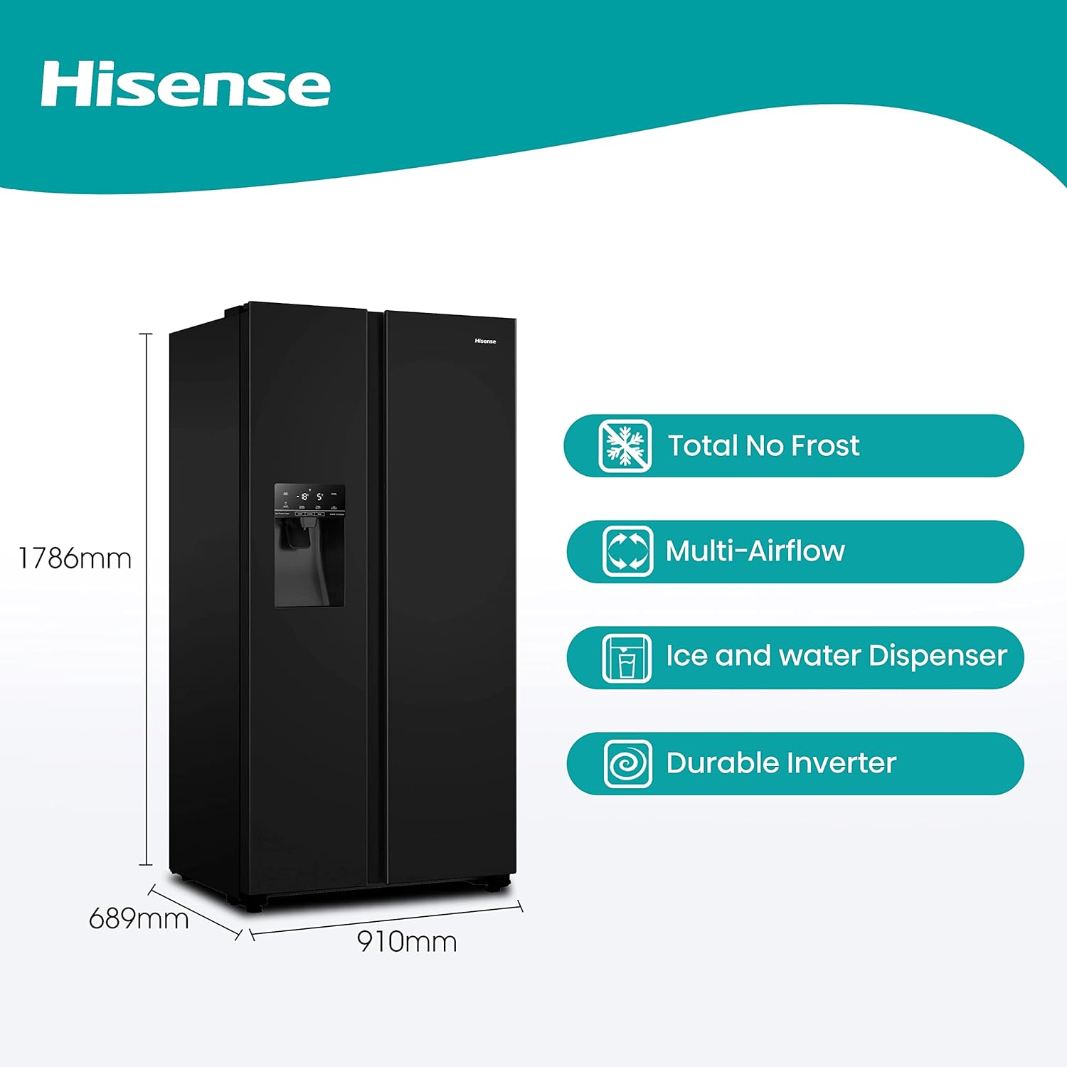 Hisense RS694N4TBF Freestanding American Side - by - side Door American Fridge Freezer 610L, Black, with Non - Plumbed Water and Ice Dispenser, Black, 91 × 179.3 × 68.5 cm (W×H×D)   Import  Single ASIN  Import  Multiple ASIN ×Product customization - Amazing Gadgets Outlet