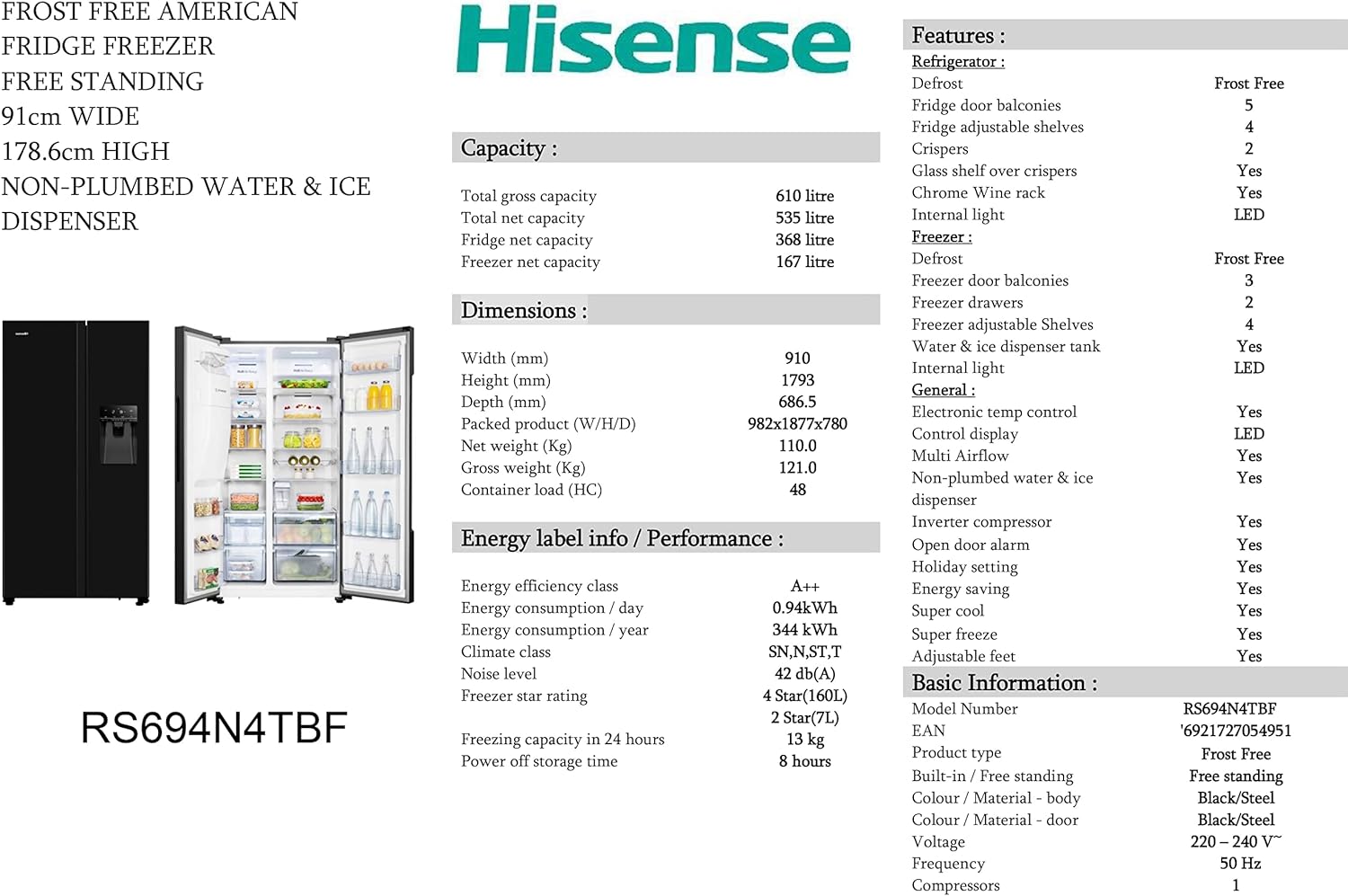 Hisense RS694N4TBF Freestanding American Side - by - side Door American Fridge Freezer 610L, Black, with Non - Plumbed Water and Ice Dispenser, Black, 91 × 179.3 × 68.5 cm (W×H×D)   Import  Single ASIN  Import  Multiple ASIN ×Product customization - Amazing Gadgets Outlet