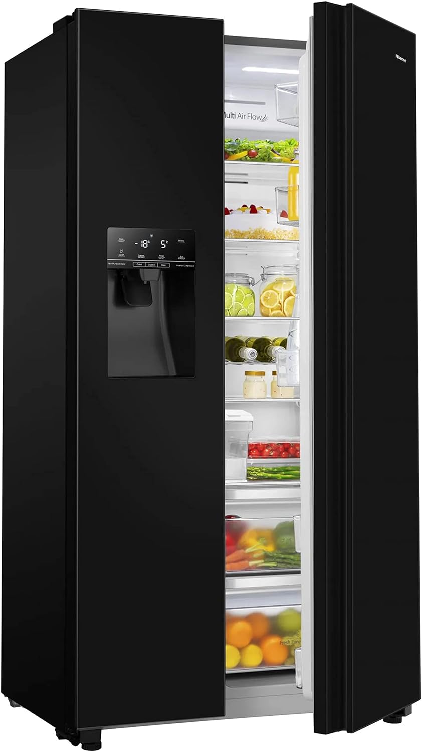 Hisense RS694N4TBF Freestanding American Side - by - side Door American Fridge Freezer 610L, Black, with Non - Plumbed Water and Ice Dispenser, Black, 91 × 179.3 × 68.5 cm (W×H×D)   Import  Single ASIN  Import  Multiple ASIN ×Product customization - Amazing Gadgets Outlet