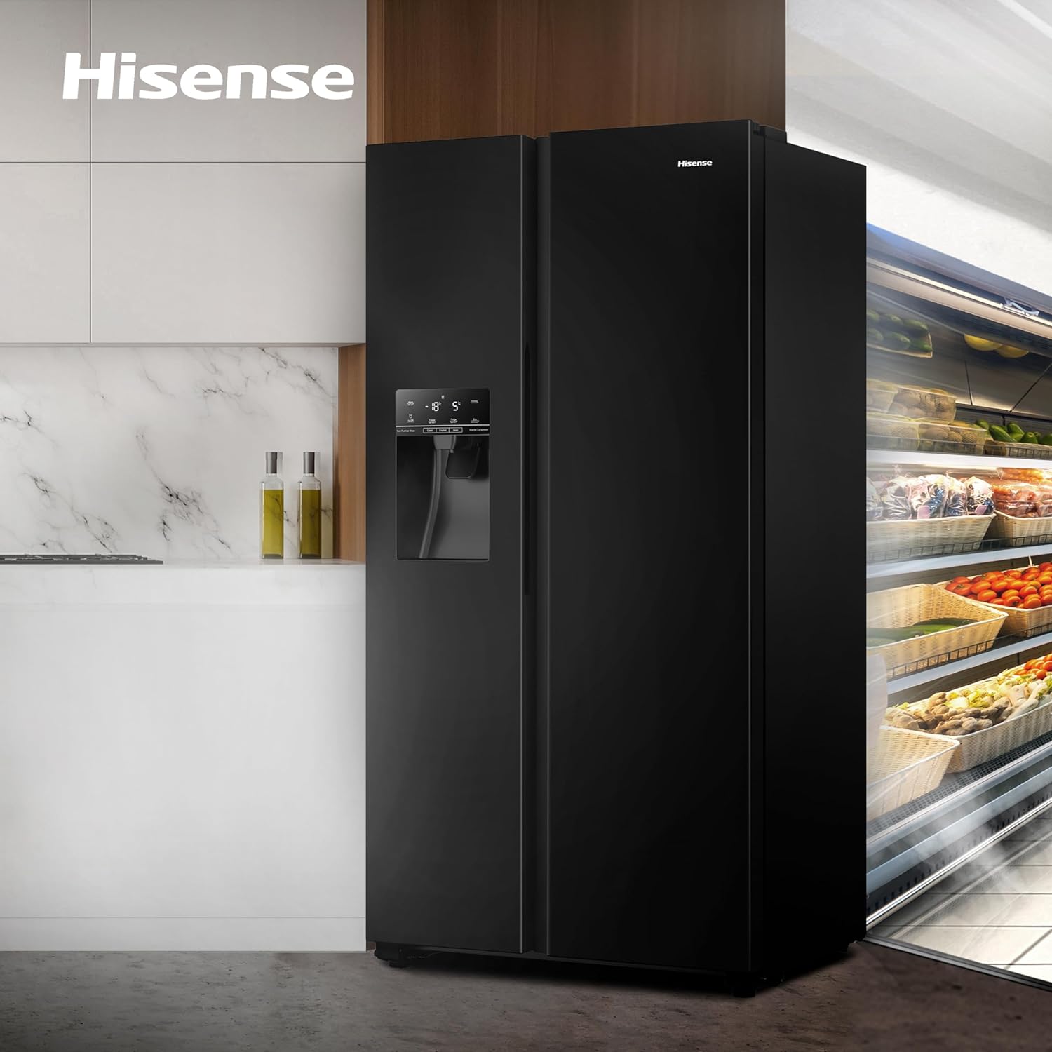 Hisense RS694N4TBF Freestanding American Side - by - side Door American Fridge Freezer 610L, Black, with Non - Plumbed Water and Ice Dispenser, Black, 91 × 179.3 × 68.5 cm (W×H×D)   Import  Single ASIN  Import  Multiple ASIN ×Product customization - Amazing Gadgets Outlet