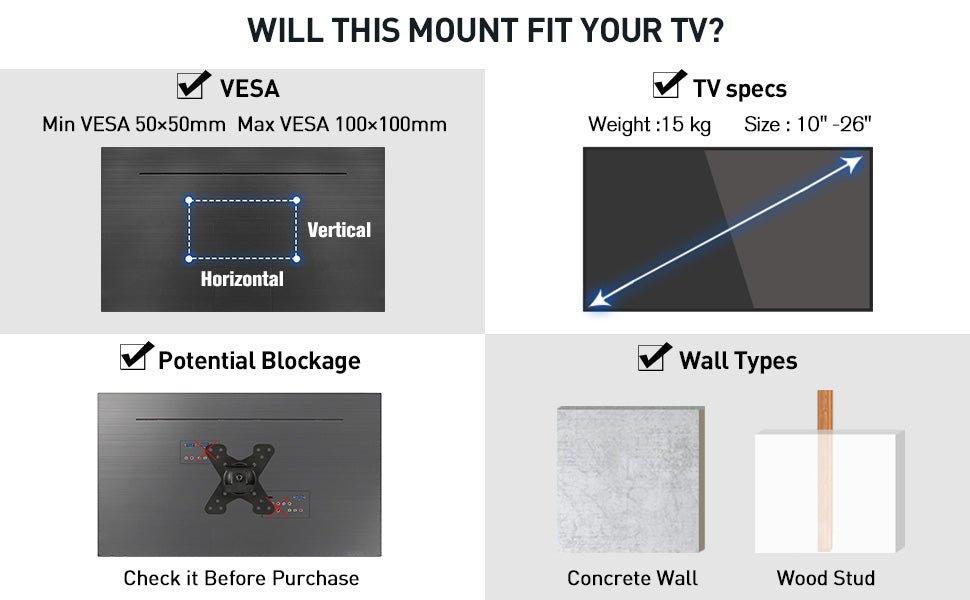 Mounting Dream TV Wall Bracket Mount for Most 10 - 26 inch TVs and Monitors with VESA 50x50mm, 75x75mm and 100x100mm up to 15 KG, Monitor Wall Mount Bracket Swivels, Tilts, 360° Rotates MD2463 - 02   Import  Single ASIN  Import  Multiple ASIN ×Produc - Amazing Gadgets Outlet