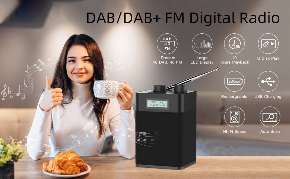 Mycket DAB/DAB+ Digital & FM Radio, Mains and Battery Powered Radio,Portable DAB Radio,Rechargeable USB MP3 Player with Bluetooth/U Disk, 80 Preset Stations,Headphone Input Radio for Home,Travel - Black - Amazing Gadgets Outlet