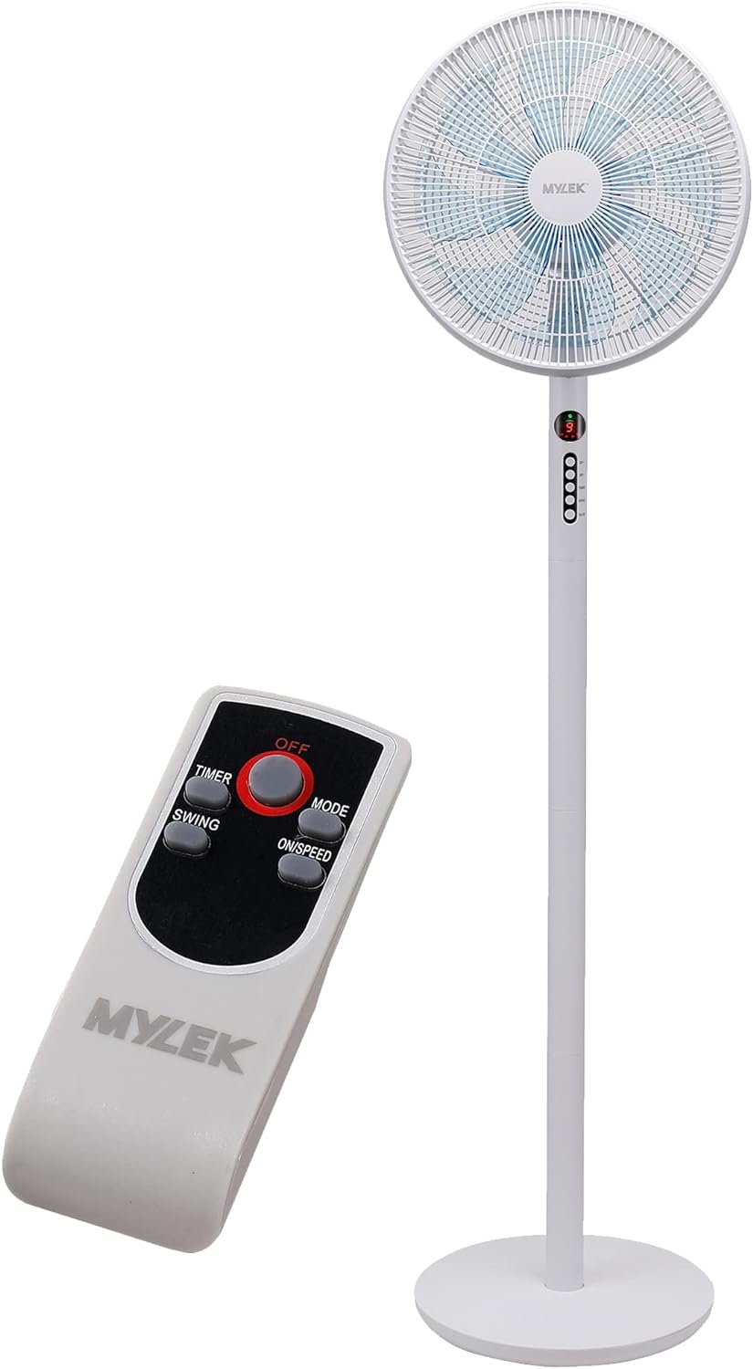 MYLEK 14" Adjustable Stand Fan & Desk Fan 60W with Remote Control - Oscillating Pedestal Fan with Timer, 3 Speed Settings & 3 Wind Modes - Remote Control Operated (White) - Amazing Gadgets Outlet