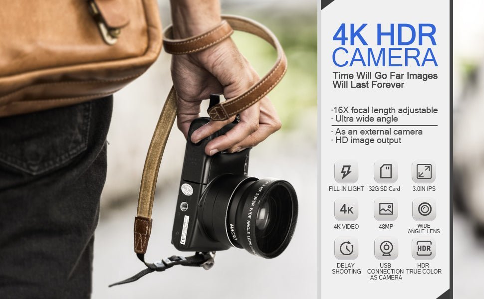 NBD Digital Camera 4K Ultra HD 48MP Vlogging with Wide Angle Lens Zoom 16 x, 3.0 Inch Screen Compact All - in - One Cameras, Black - Amazing Gadgets Outlet