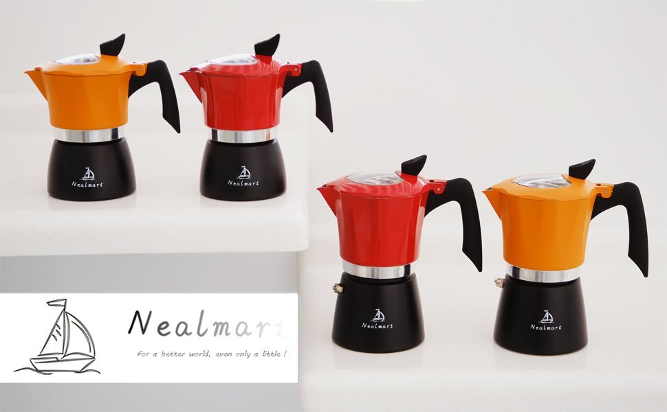 NEALMART Stovetop Espresso Coffee Maker, Orange Premium Aluminum Moka Pot 3 Espresso Cups, Percolator Coffee Pot, Italian Coffee Maker Greca Coffee Maker for Cappuccino or Latte - Amazing Gadgets Outlet