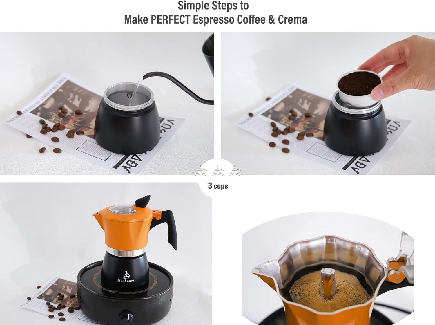 NEALMART Stovetop Espresso Coffee Maker, Orange Premium Aluminum Moka Pot 3 Espresso Cups, Percolator Coffee Pot, Italian Coffee Maker Greca Coffee Maker for Cappuccino or Latte - Amazing Gadgets Outlet