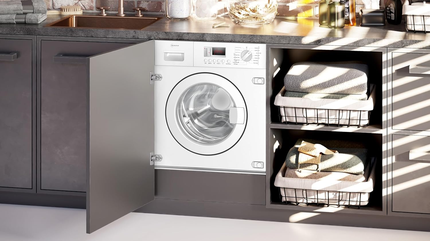 Neff V6320X2GB Built in Washer Dryer, 7kg wash / 4kg dry capacity, 1400rpm, Time delat/Time remaining, LED Display, White - Amazing Gadgets Outlet