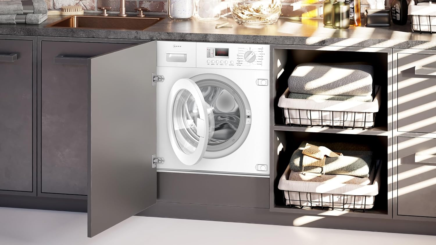 Neff V6320X2GB Built in Washer Dryer, 7kg wash / 4kg dry capacity, 1400rpm, Time delat/Time remaining, LED Display, White - Amazing Gadgets Outlet