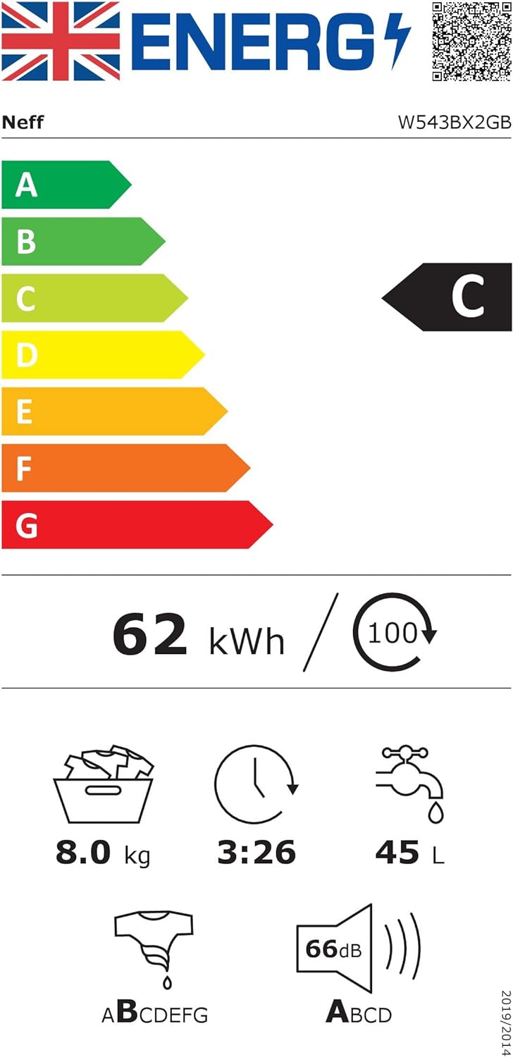NEFF W543BX2GB Washing Machine with 8kg Capacity, 1400rpm Spin Speed, SpeedPerfect Function, Quick 15 Wash Cycle, White, Integrated - Amazing Gadgets Outlet