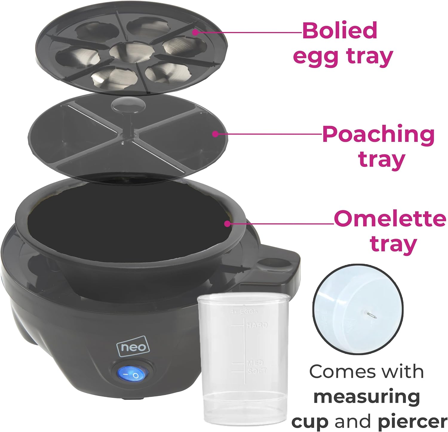 Neo 3 in 1 Durable Kitchen Electric Egg Cooker, Boiler, Poacher Poached Boiled & Omelette Maker Machine Steamer with Timer (Black and Silver) - Amazing Gadgets Outlet