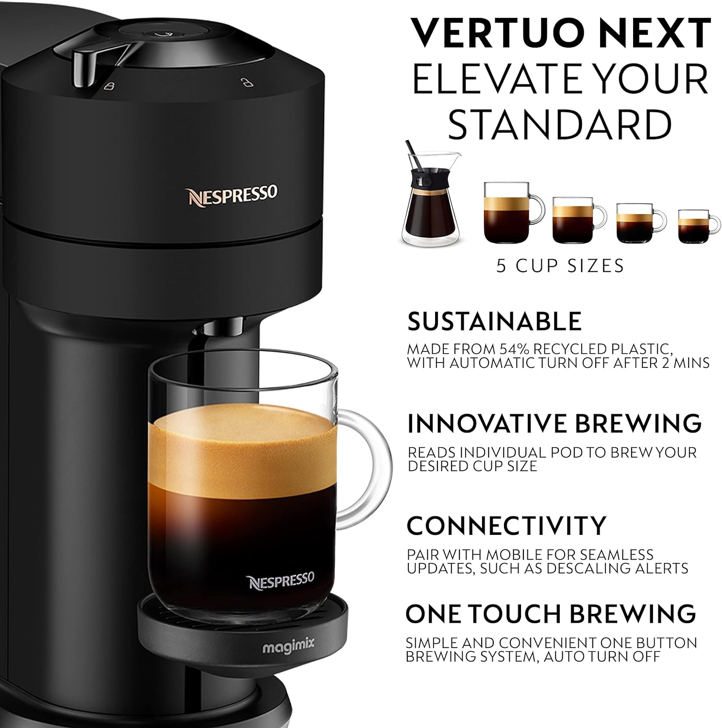 Nespresso Vertuo Next Automatic Pod Coffee Machine with Milk Frother for Espresso, Cappuccino and Latte by Magimix in Matt Black [Amazon Exclusive] - Amazing Gadgets Outlet