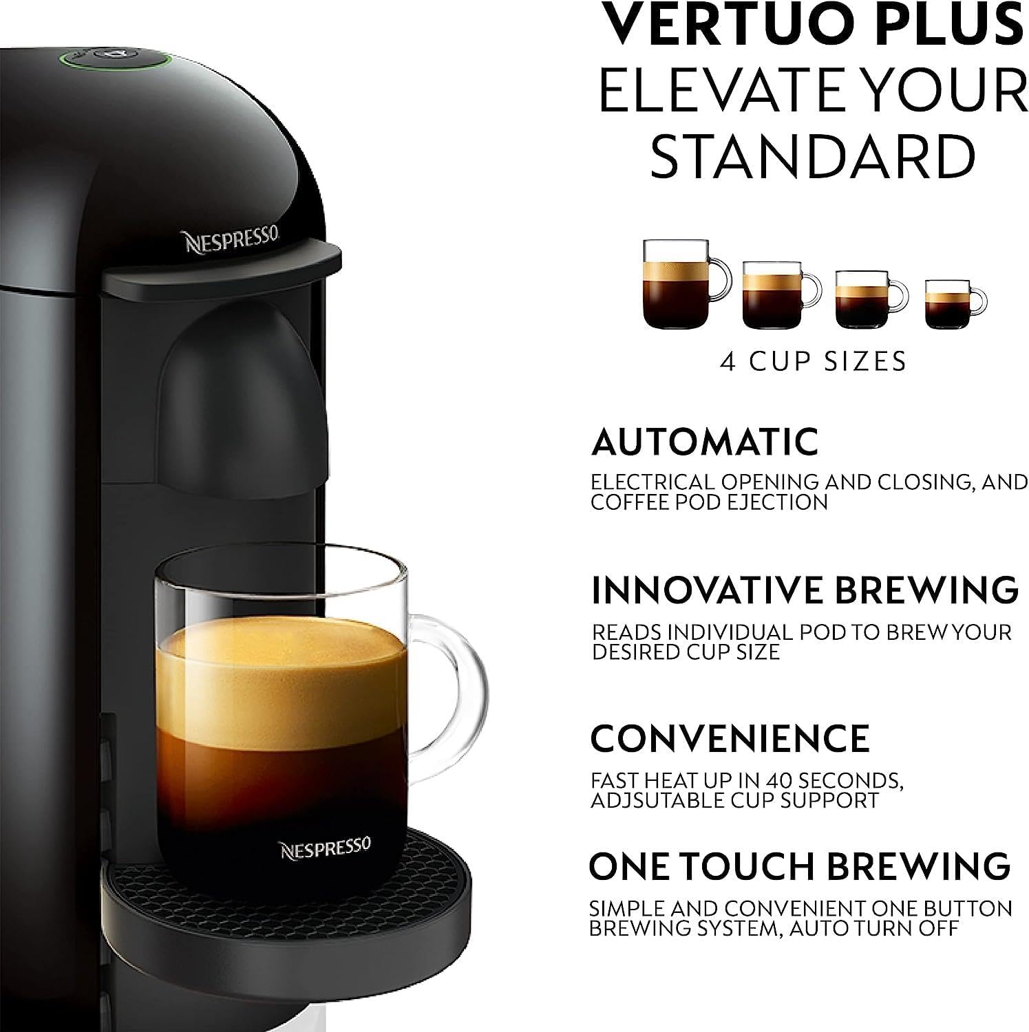 Nespresso Vertuo Plus Automatic Pod Coffee Machine for Americano, Decaf, Espresso by Krups in Black - Amazing Gadgets Outlet
