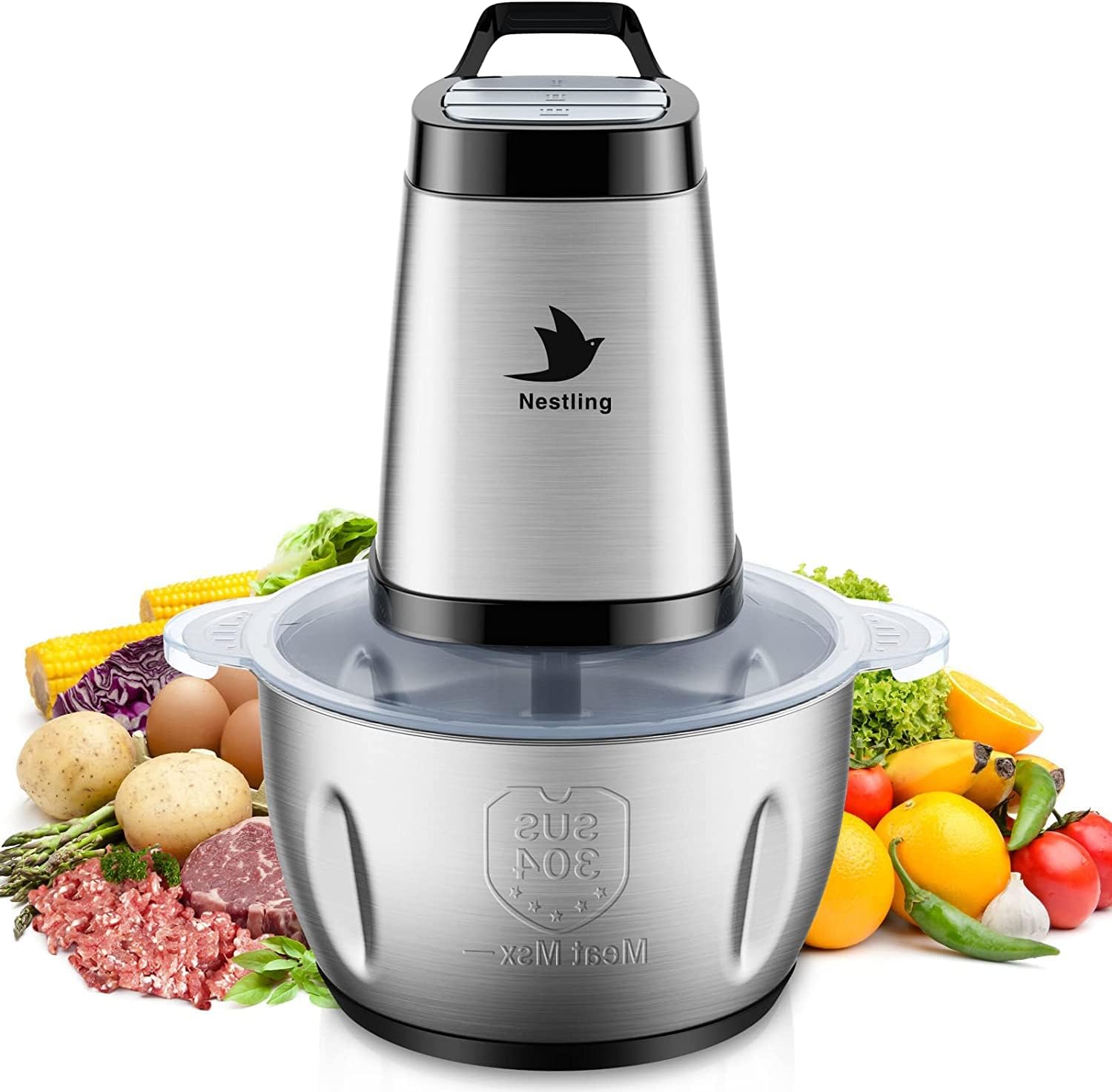 Nestling 600W Kitchen Mini Food Chopper, 2L Stainless Steel Bowl, 3 Speeds Control Electric Food Processor, 4 Bi - Level Blades Meat Grinder, Vegetable Fruit Onion Cutter, Garlic Peeler, Electric Whisk - Amazing Gadgets Outlet