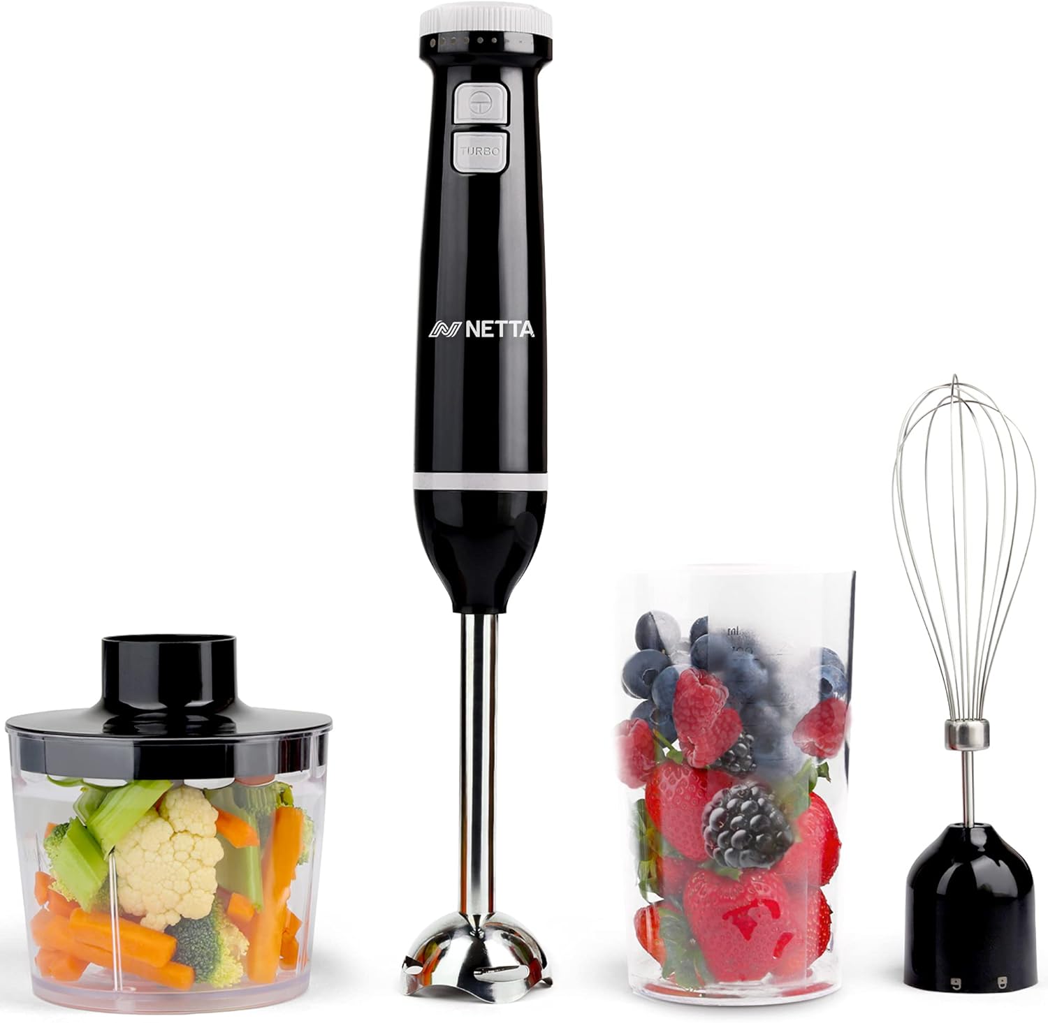 NETTA 3 in 1 Hand Blender, Whisk and Mini Chopper with 700ml Beaker - Powerful 600W - Electric Whisk, Immersion Mixer, 500ml Chopper Bowl - Stainless Steel Blades - BPA Free - Amazing Gadgets Outlet