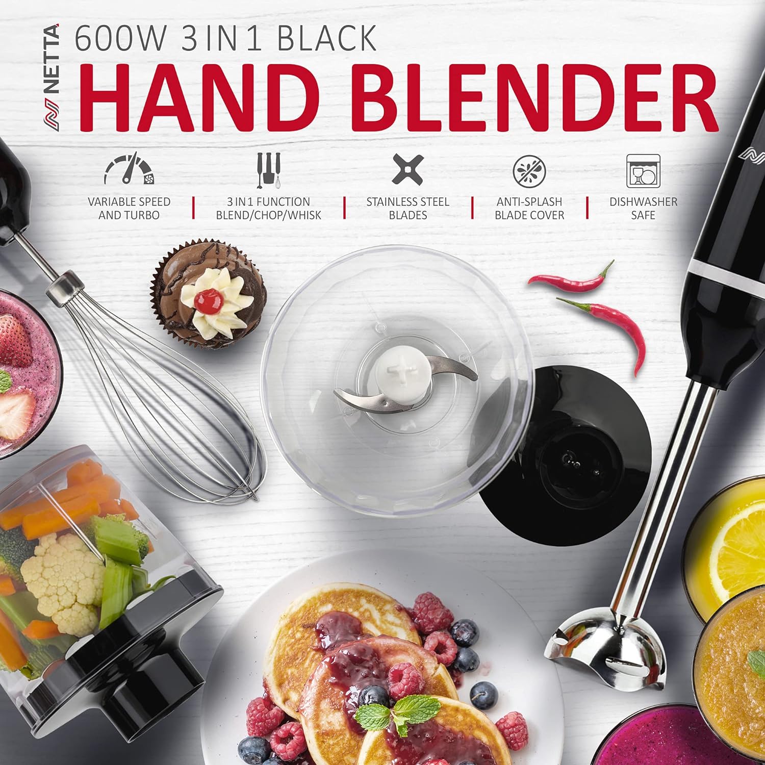 NETTA 3 in 1 Hand Blender, Whisk and Mini Chopper with 700ml Beaker - Powerful 600W - Electric Whisk, Immersion Mixer, 500ml Chopper Bowl - Stainless Steel Blades - BPA Free - Amazing Gadgets Outlet