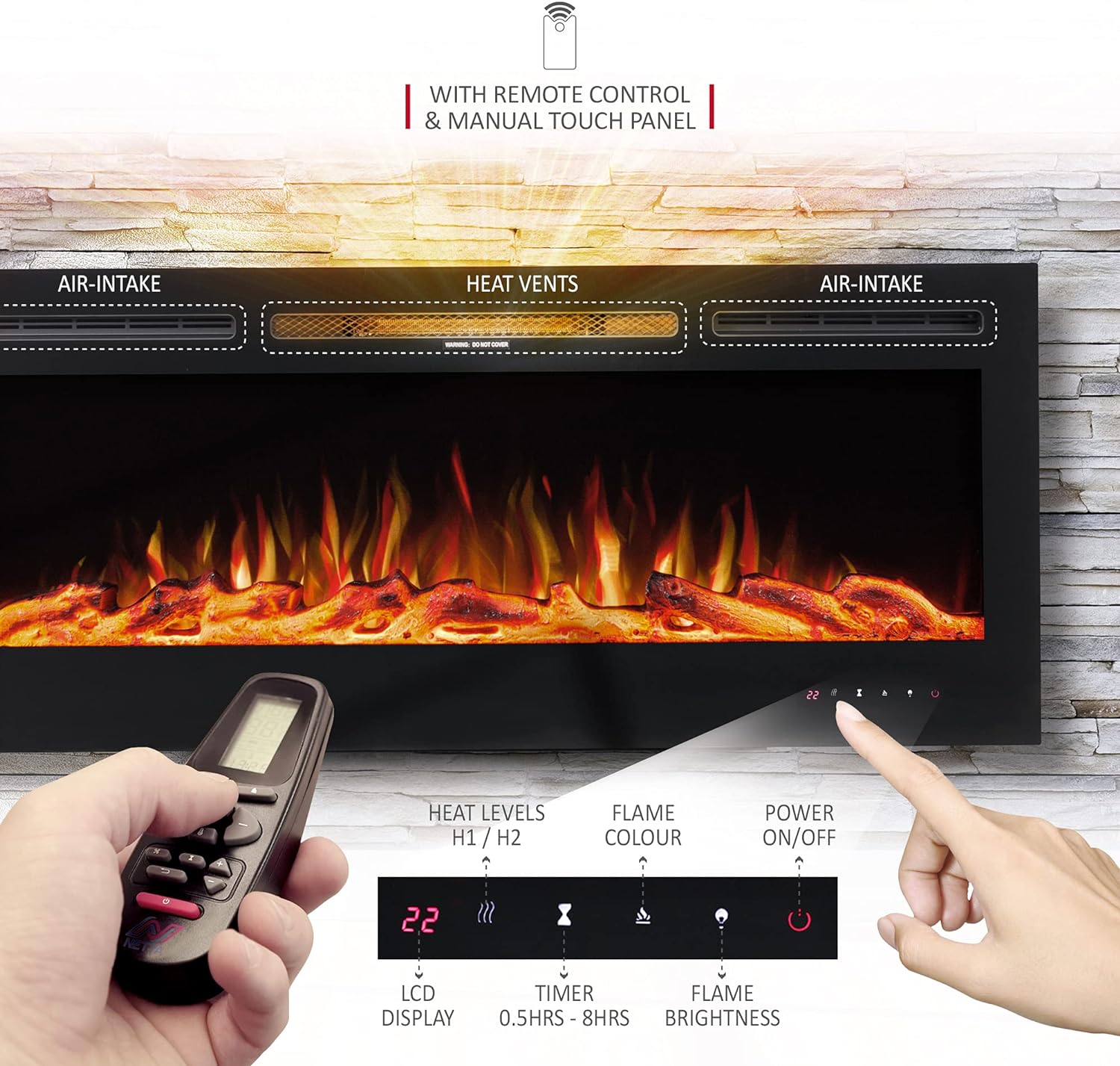 NETTA 40 Inch Electric Fireplace Inset Recessed, 102cm Wall Mountable Heater with Remote Control, 2 Heat Power Settings, Adjustable Temperature, Hourly and Weekly Timer - Amazing Gadgets Outlet