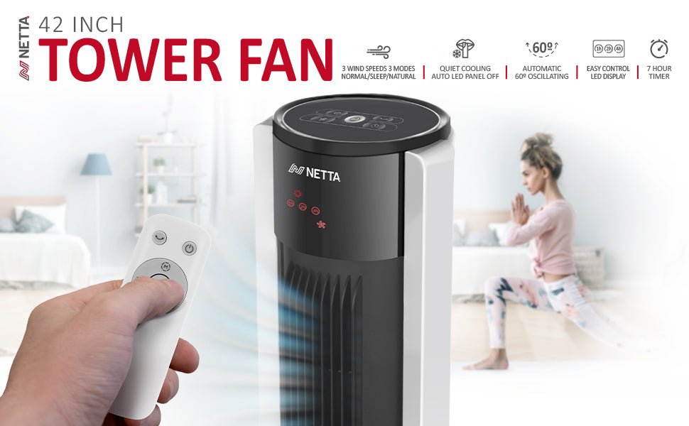 NETTA 42 Inch Tower Fan with Oscillating Function, Remote Control, 3 Operating Modes, 3 Speed Settings, LED Display and 7 Hour Timer for Home & Office - 45W - Amazing Gadgets Outlet