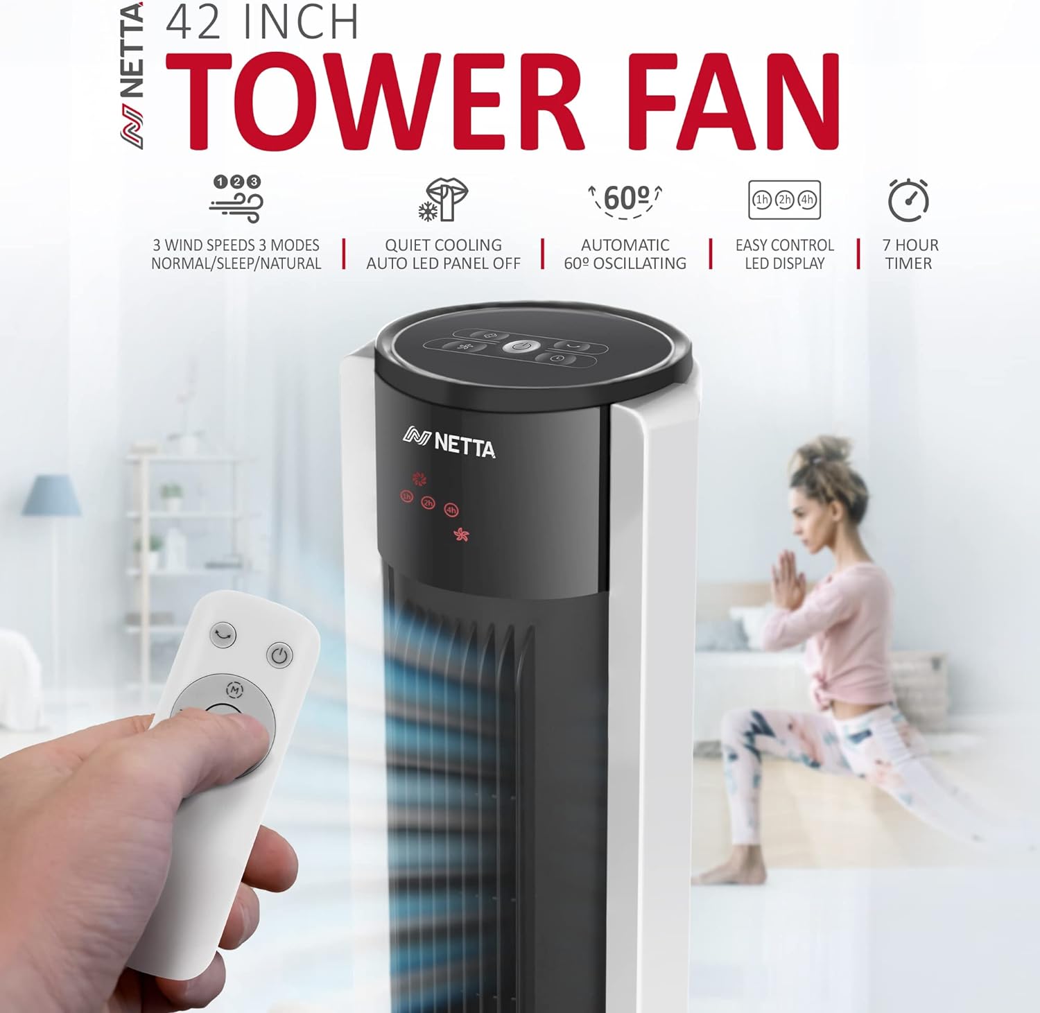 NETTA 42 Inch Tower Fan with Oscillating Function, Remote Control, 3 Operating Modes, 3 Speed Settings, LED Display and 7 Hour Timer for Home & Office - 45W - Amazing Gadgets Outlet