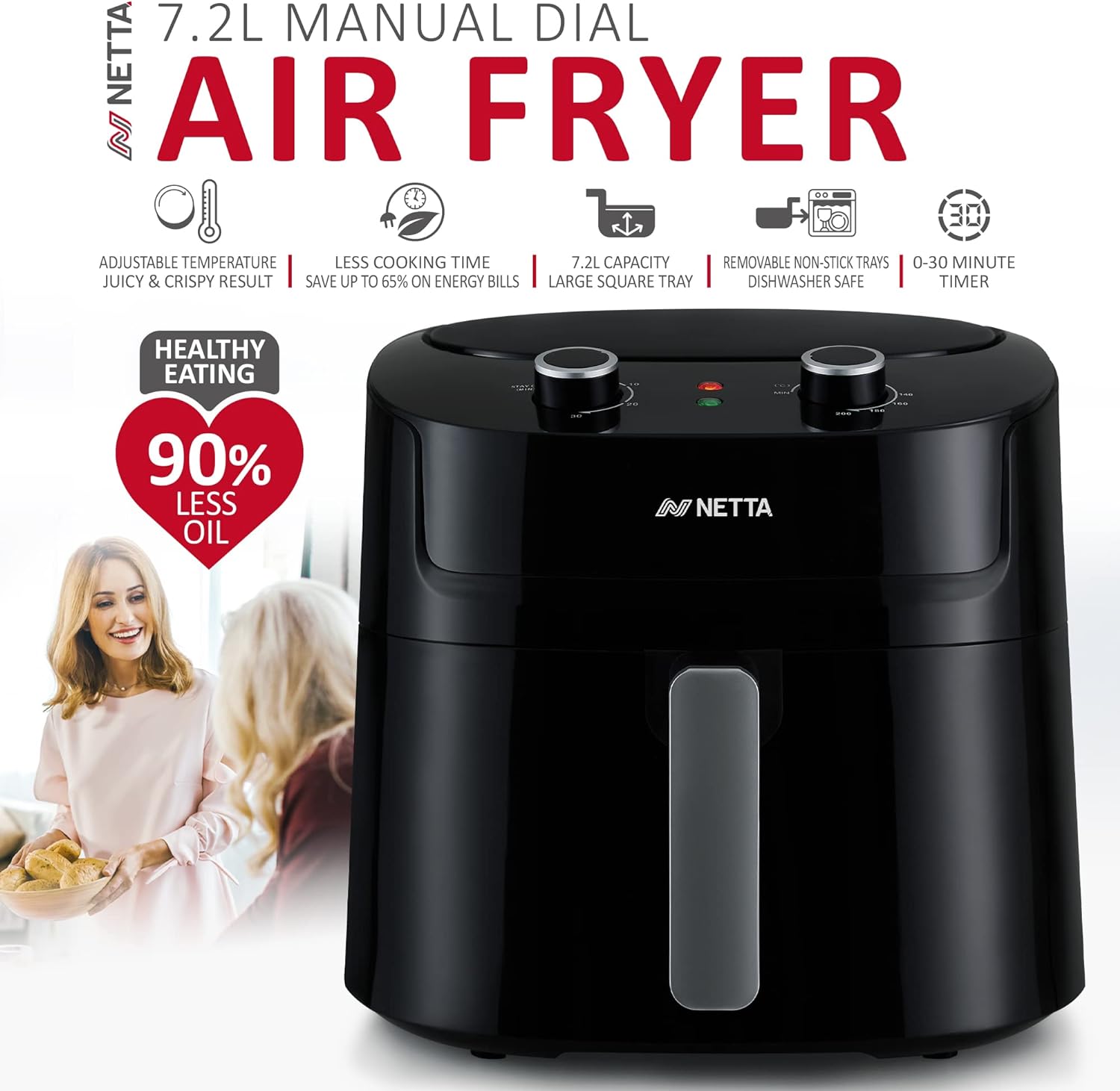 NETTA Air Fryer 7.2L - Adjustable Temperature Control and Timer - Removable Shelf - Rapid Air Circulation - Healthier Oil - Free Cooking at Home - 1800W - Amazing Gadgets Outlet