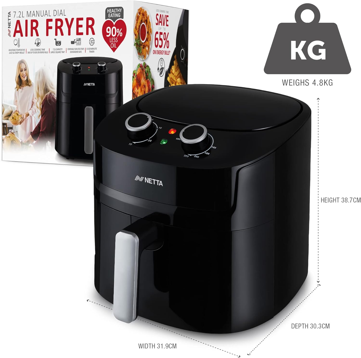 NETTA Air Fryer 7.2L - Adjustable Temperature Control and Timer - Removable Shelf - Rapid Air Circulation - Healthier Oil - Free Cooking at Home - 1800W - Amazing Gadgets Outlet