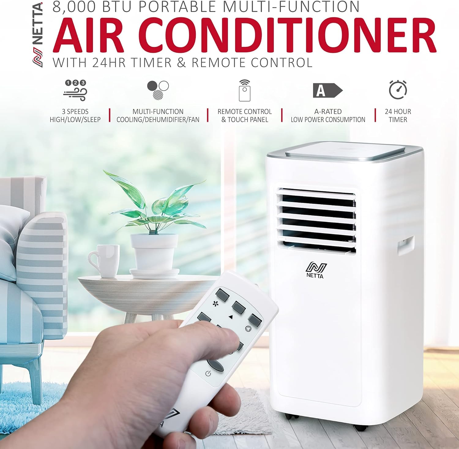 NETTA Portable Air Conditioner 3 - IN - 1 8000BTU, Dehumidifier, Cooling Fan - Remote Control, LED Touch Control, Adjustable Temperature, for Home, Bedroom, Living room,Office - Amazing Gadgets Outlet