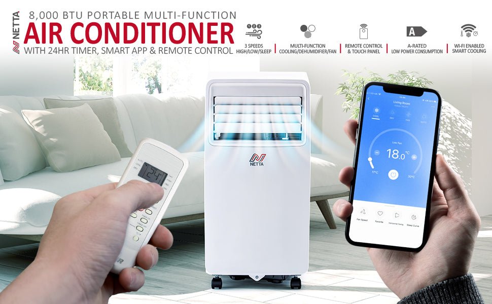 NETTA Portable Air Conditioner 3 - IN - 1 8000BTU, Dehumidifier, Cooling Fan - WiFi Smart App, 3 Speed Settings, Weekly Timer, Remote Control [Energy Class A] - Amazing Gadgets Outlet