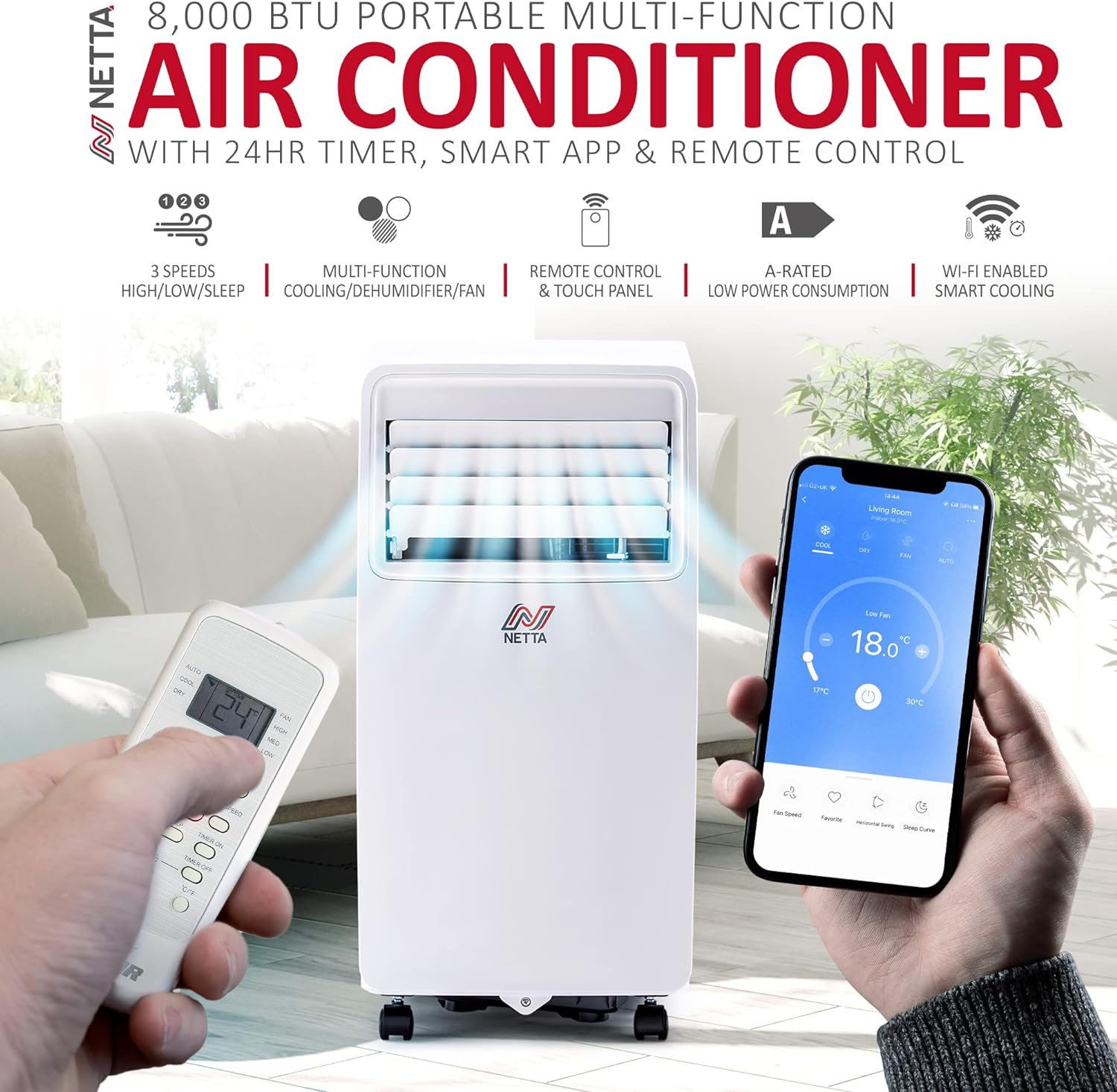 NETTA Portable Air Conditioner 3 - IN - 1 8000BTU, Dehumidifier, Cooling Fan - WiFi Smart App, 3 Speed Settings, Weekly Timer, Remote Control [Energy Class A] - Amazing Gadgets Outlet