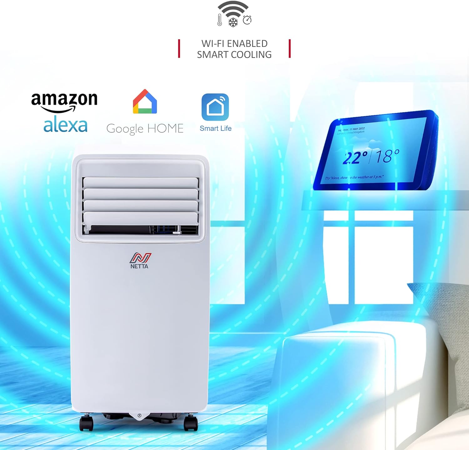 NETTA Portable Air Conditioner 3 - IN - 1 8000BTU, Dehumidifier, Cooling Fan - WiFi Smart App, 3 Speed Settings, Weekly Timer, Remote Control [Energy Class A] - Amazing Gadgets Outlet